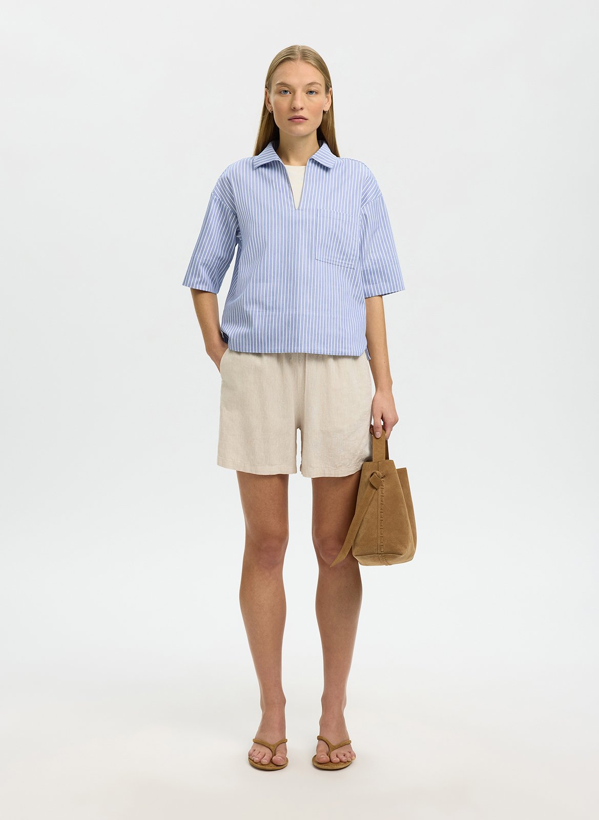 Straight linen and organic cotton shorts SELECTED Beige