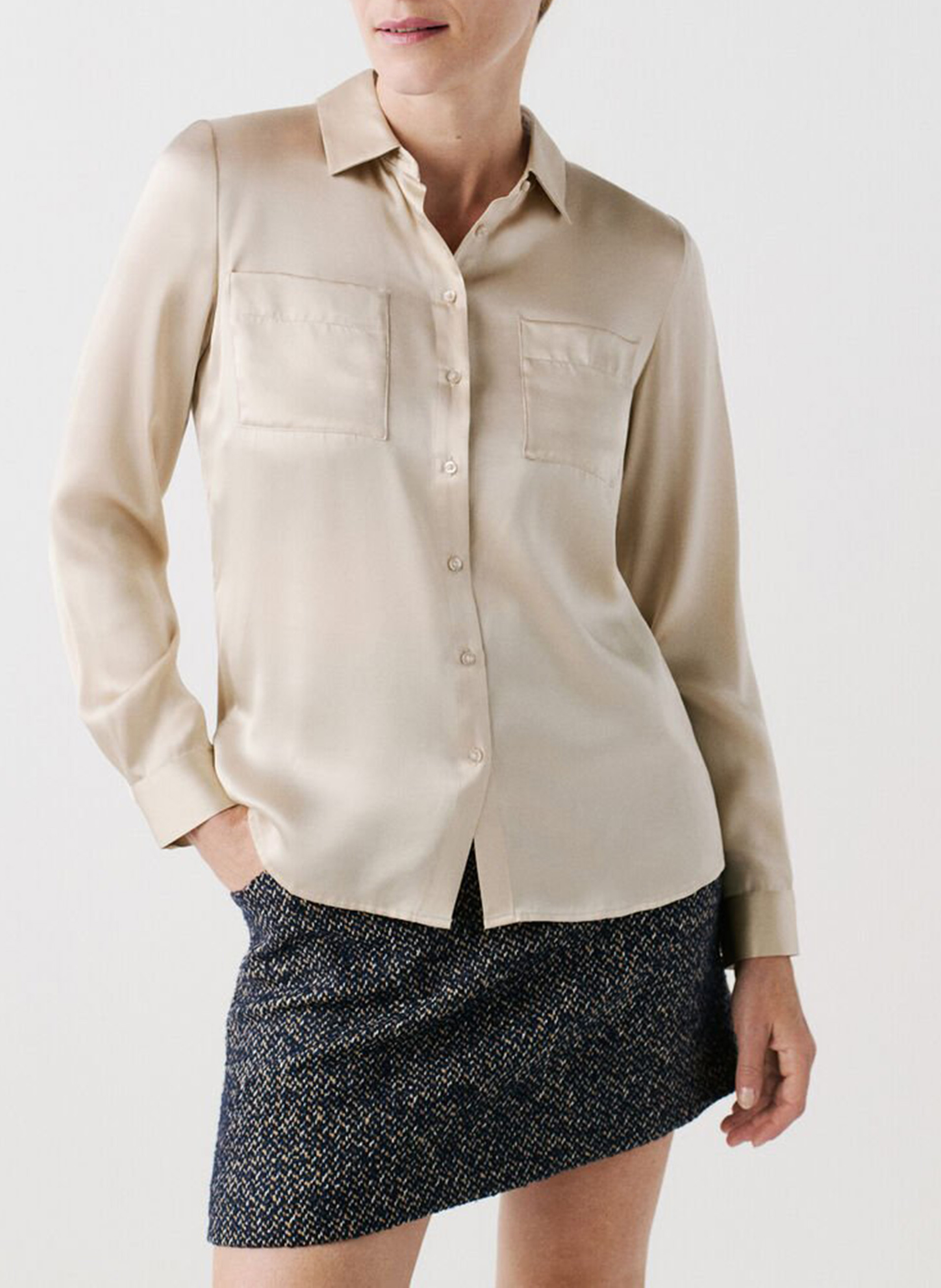 Chemise en soie col classique CAROLL Beige