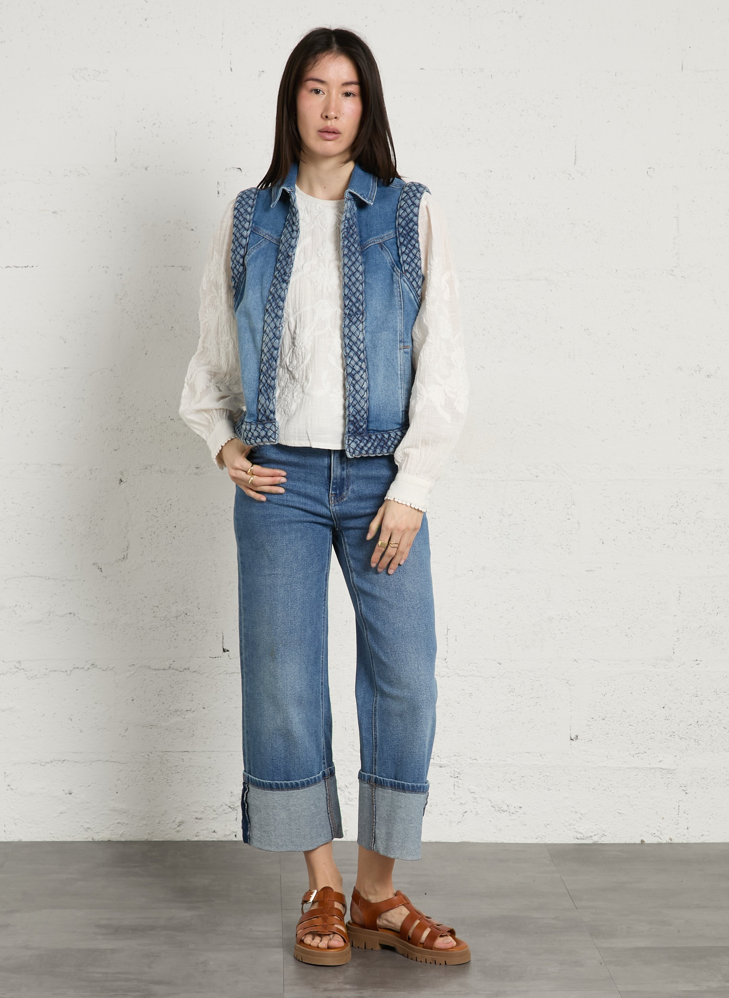 Embroidered cotton round neck top MAISON 123 White