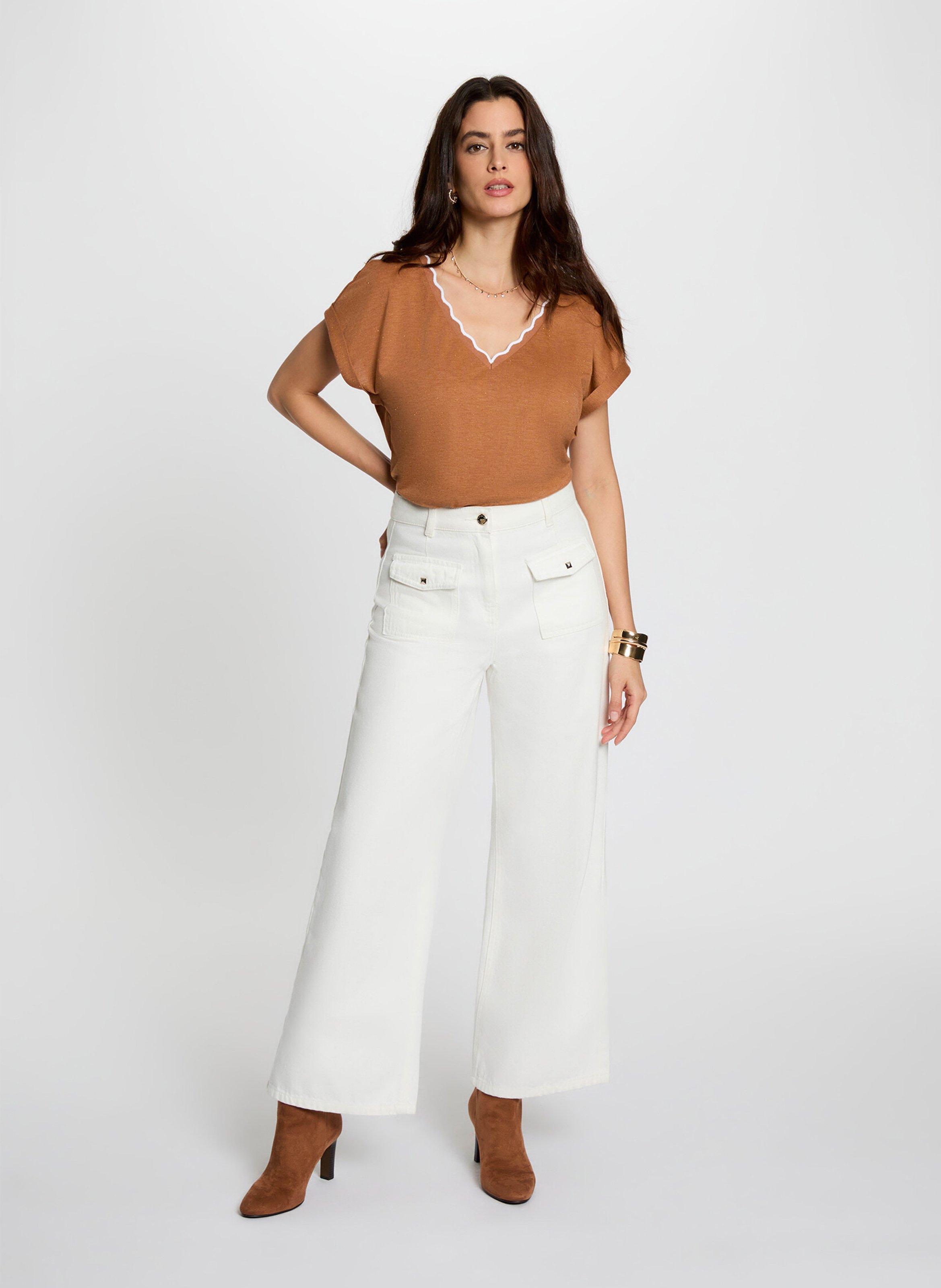 T-shirt met V-hals in effen recht model MORGAN Bruin