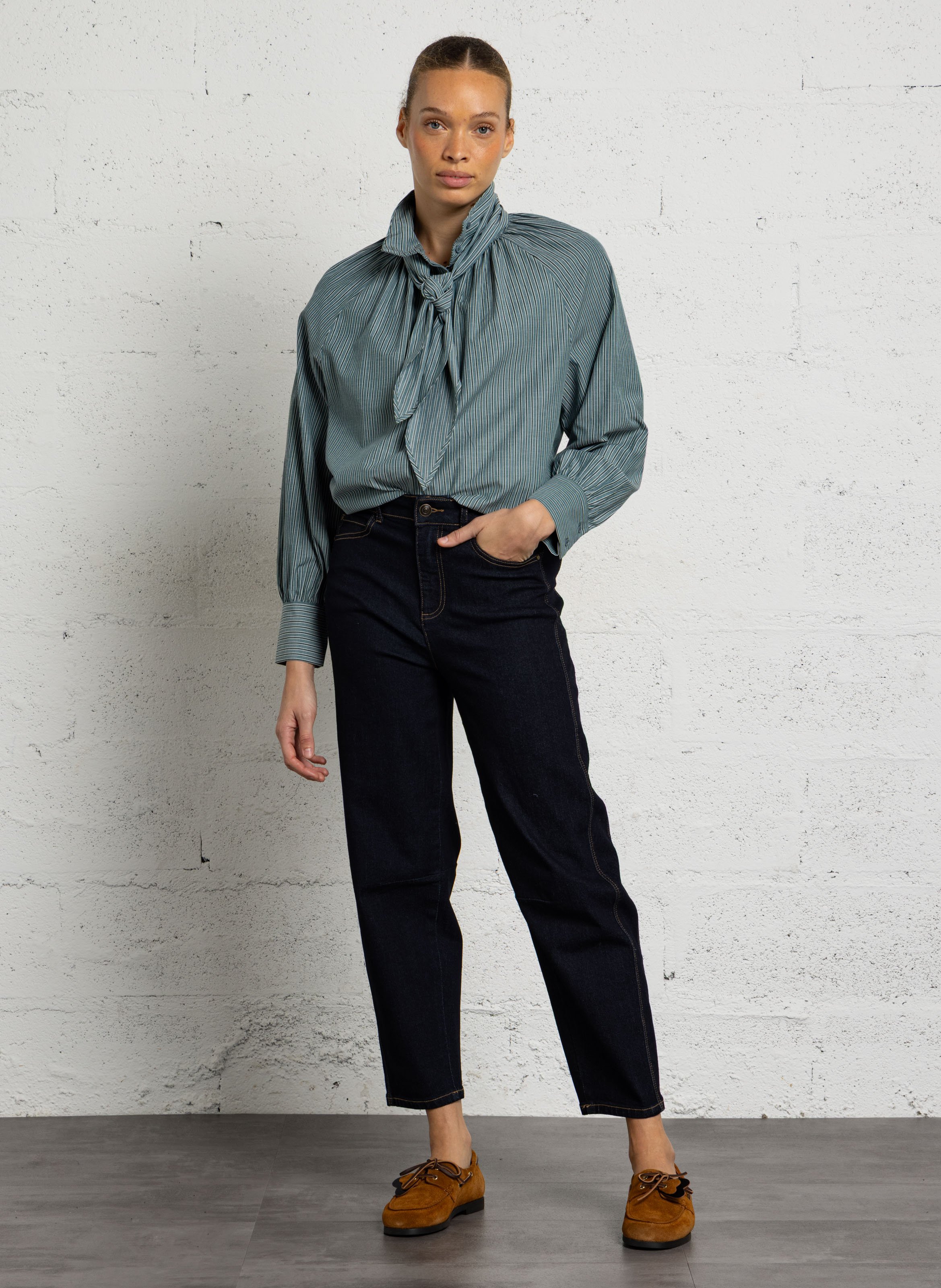Chemise col lavallière en coton mélangé SEE U SOON Vert