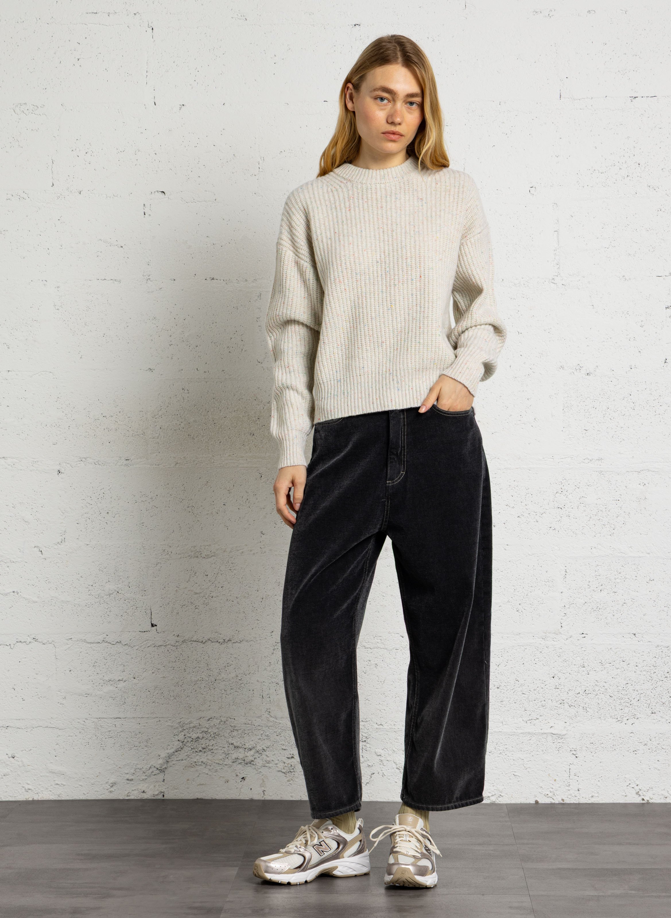 Mixed cotton barrel jeans PLEASE Black