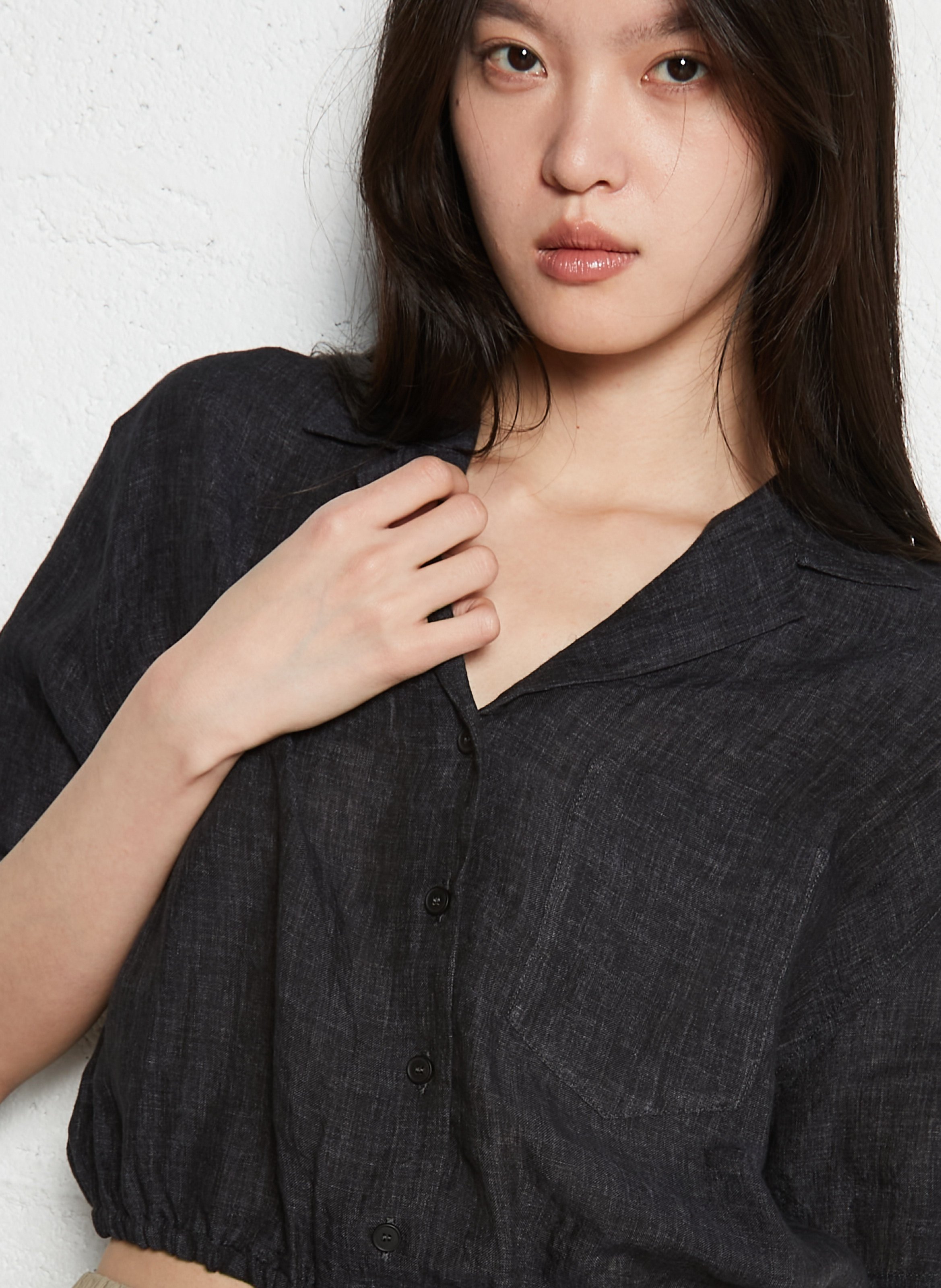 Elasticated short linen blouse MASSCOB Black