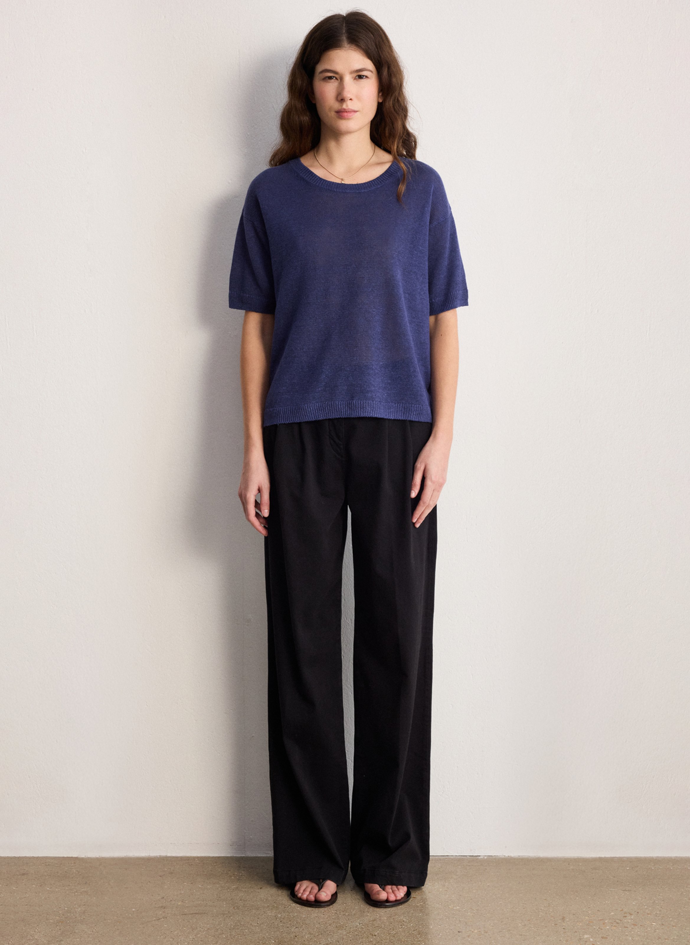 Straight round-neck linen sweater PABLO Blue