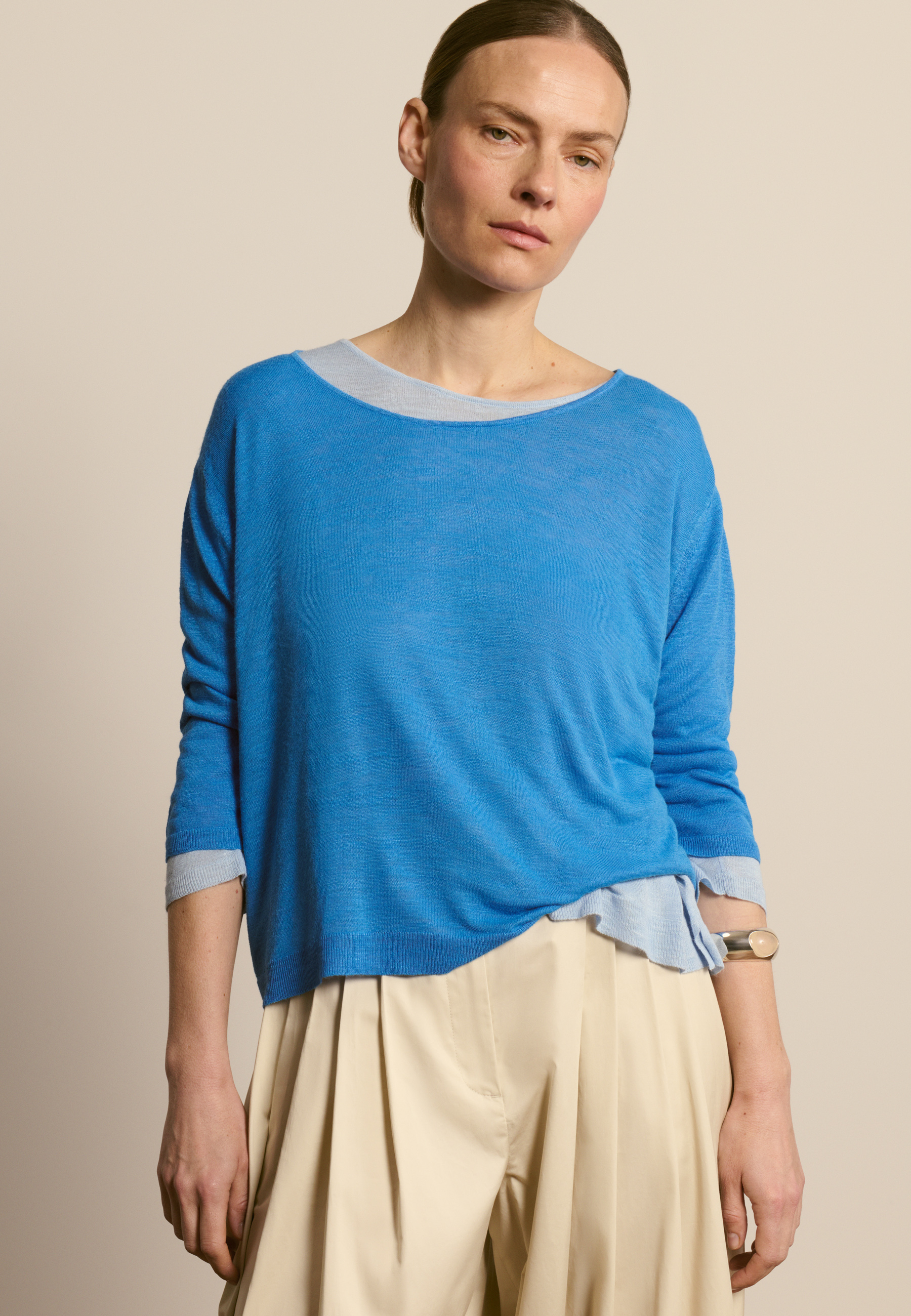 T-shirt col rond manches coudes en lin flammé MAISON MONTAGUT