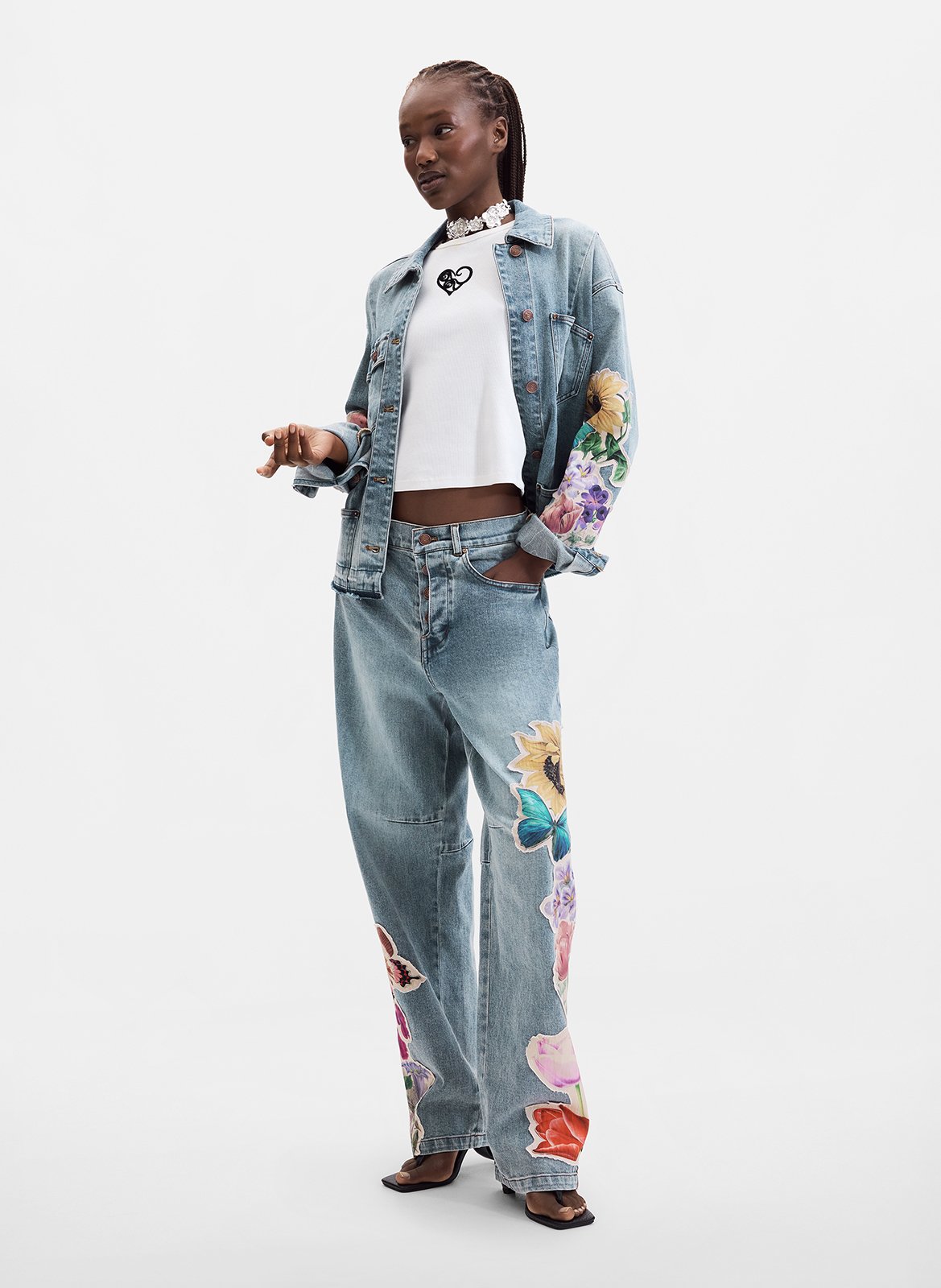 Wijde broek van gemengd katoen met borduursel DESIGUAL Blauw