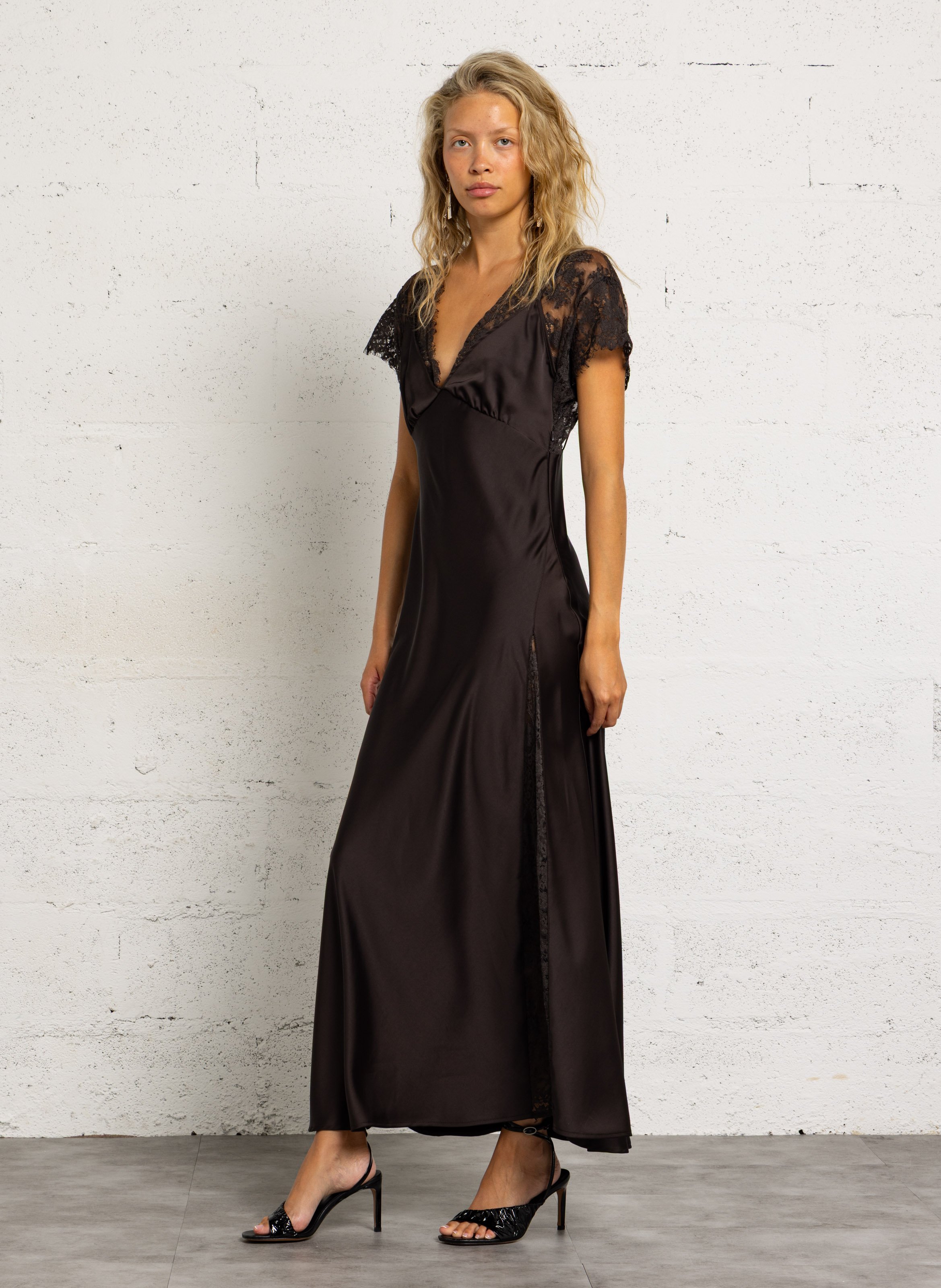 Long satin lace dress IMPERIAL Brown