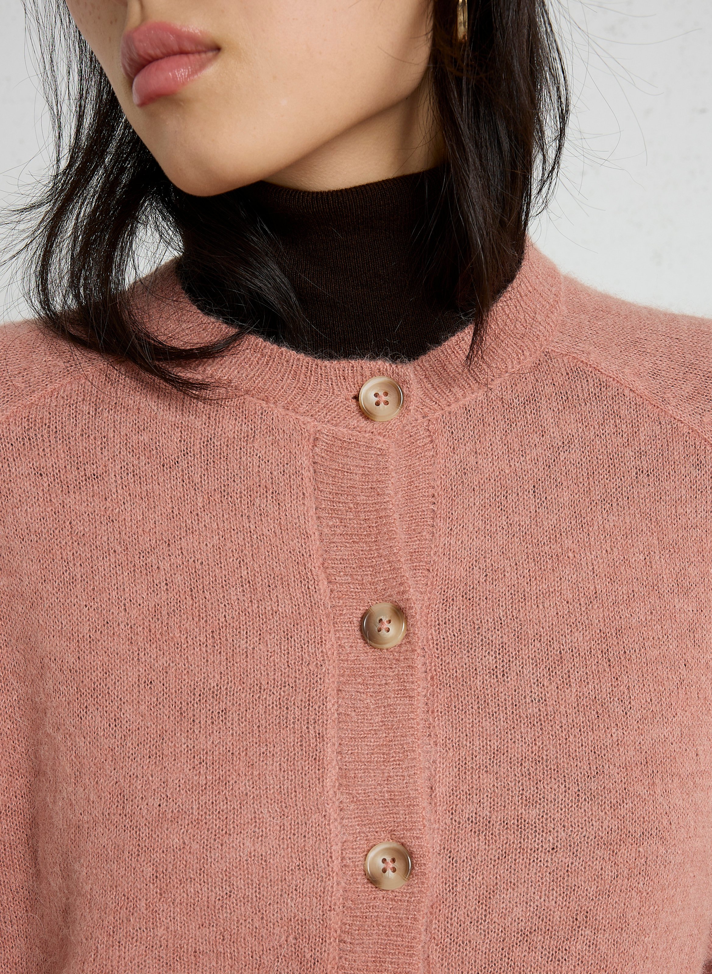 Straight crew-neck cardigan in baby alpaca and silk DES PETITS HAUTS Pink