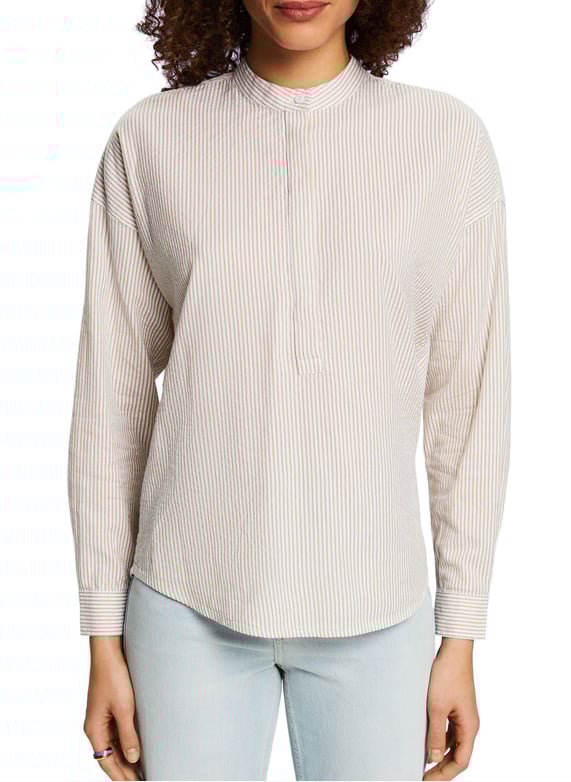Loose-Fit striped cotton shirt with mandarin collar Beige Esprit