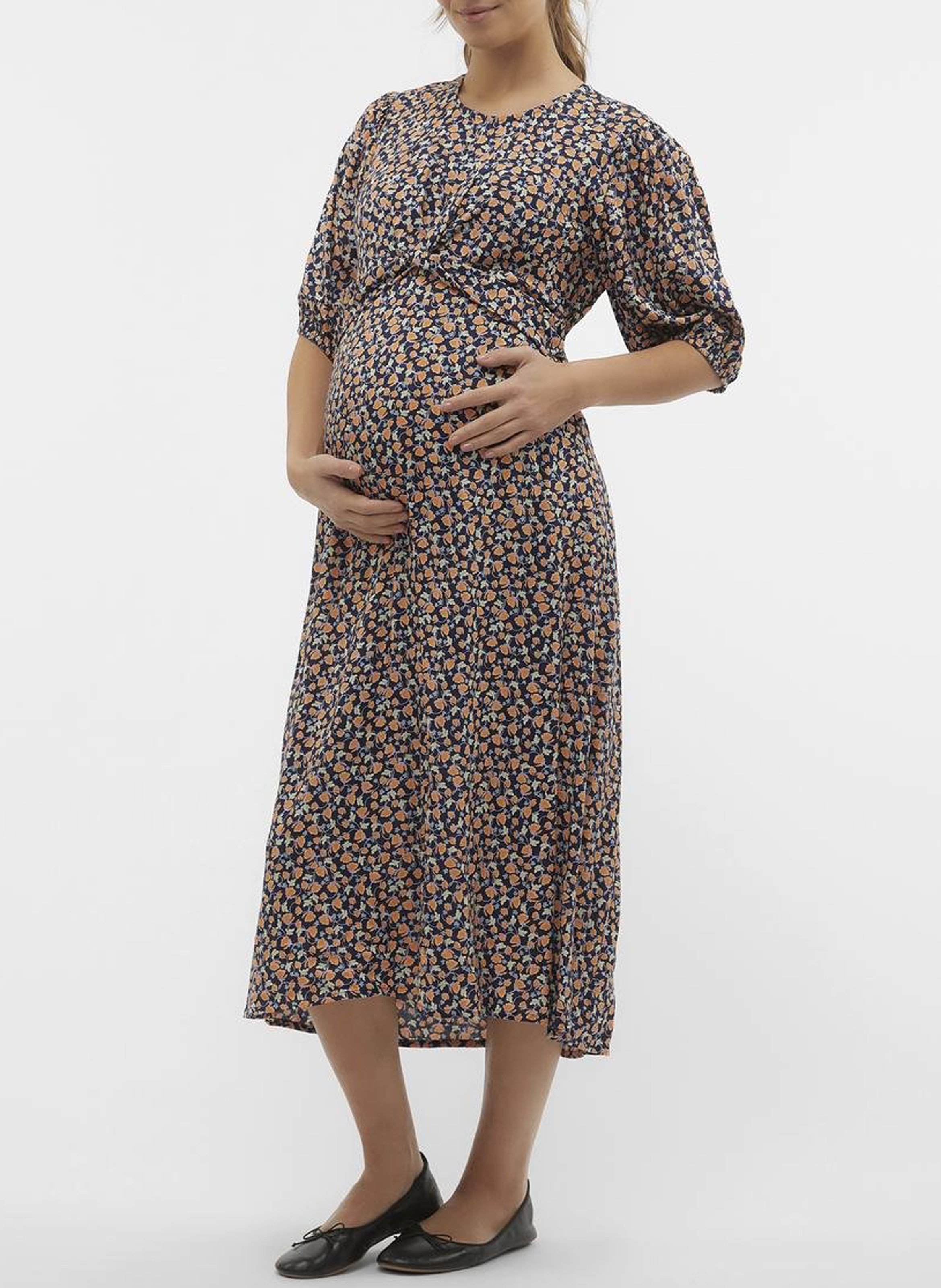 Straight-cut printed midi dress with round neck MAMALICIOUS Blue