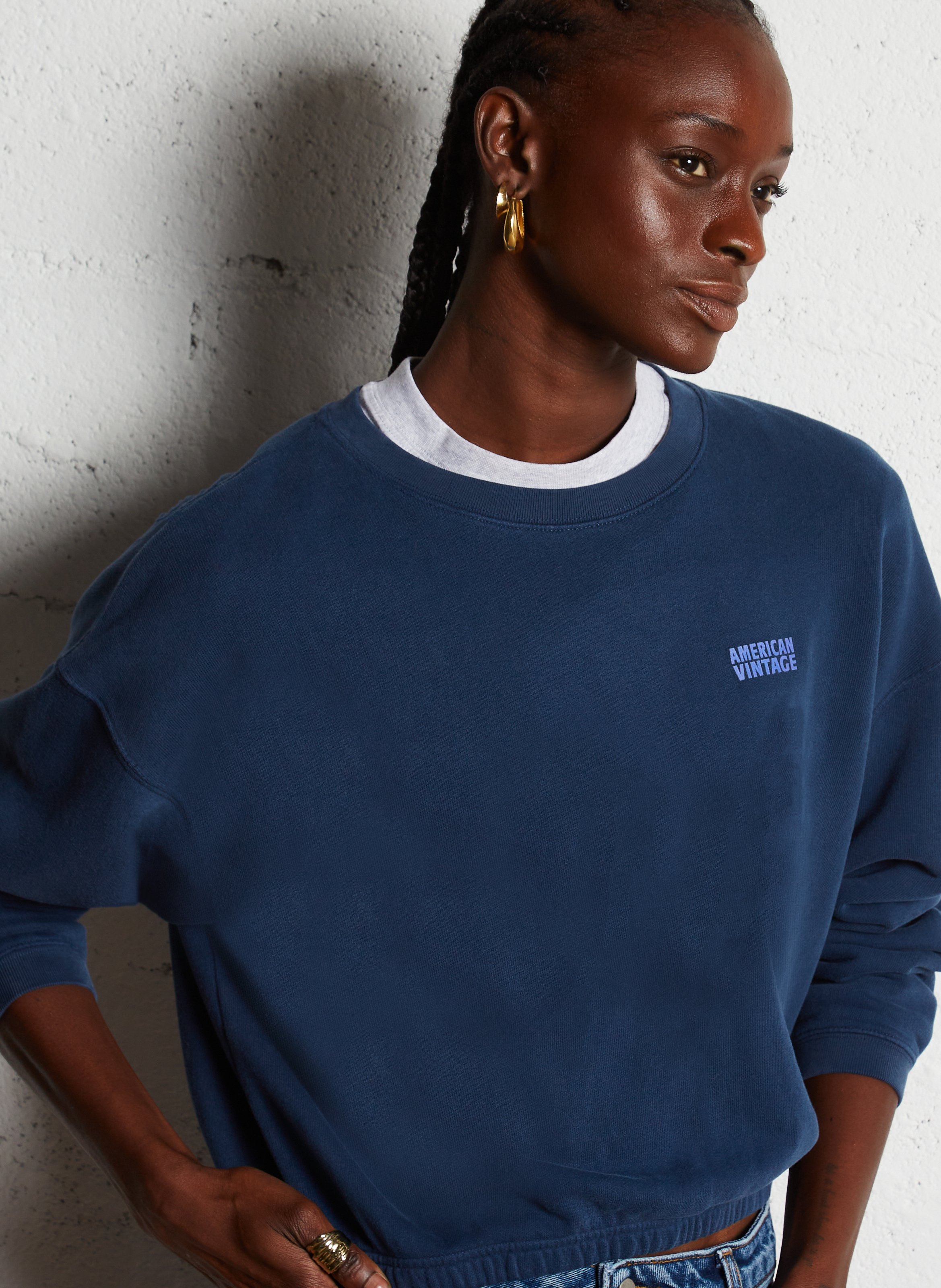 Short round-neck cotton-blend sweatshirt AMERICAN VINTAGE Blue