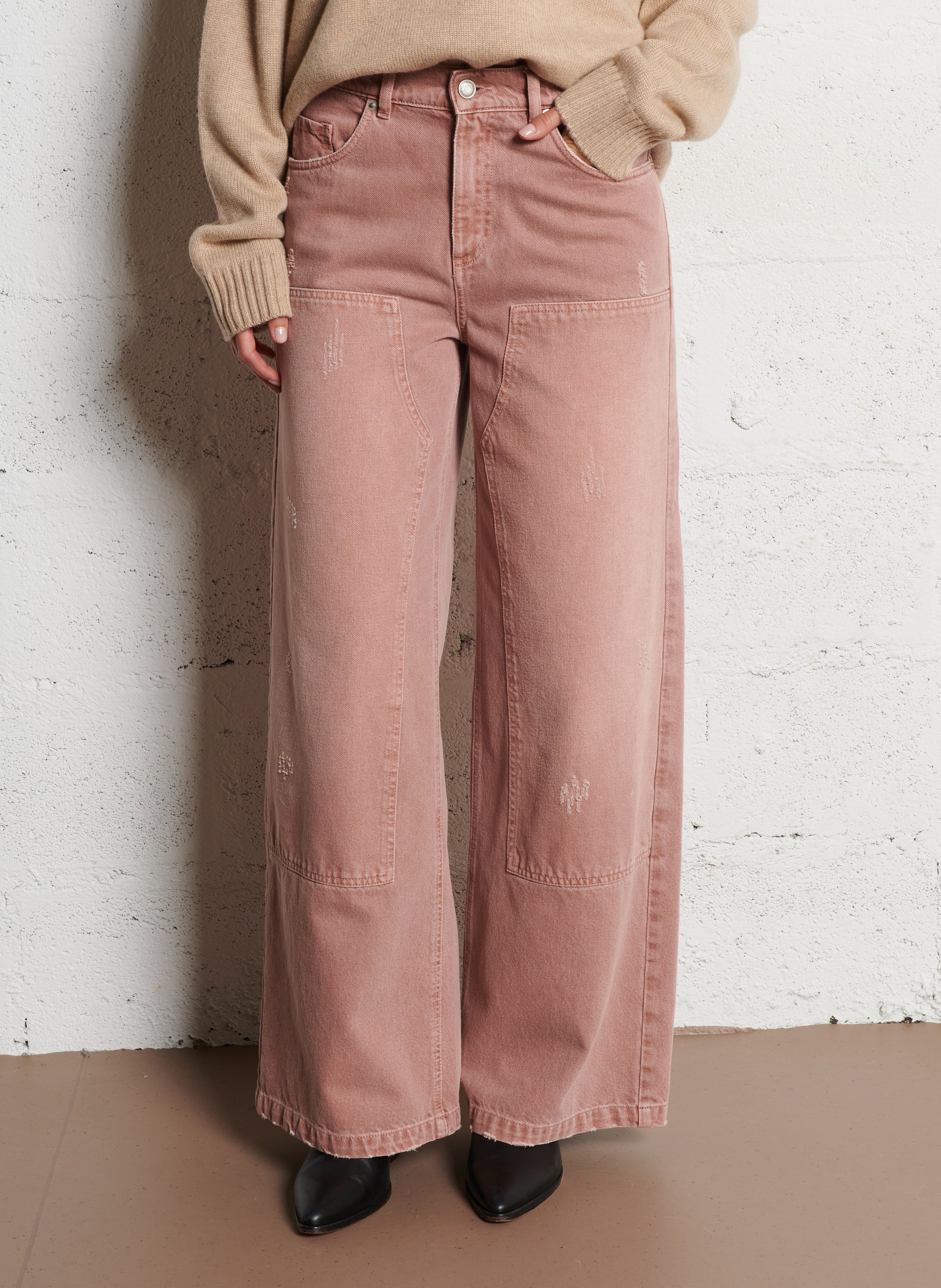 Hoch geschnittene Wide-Leg Jeans mit Used-Effekt IKKS Rosa