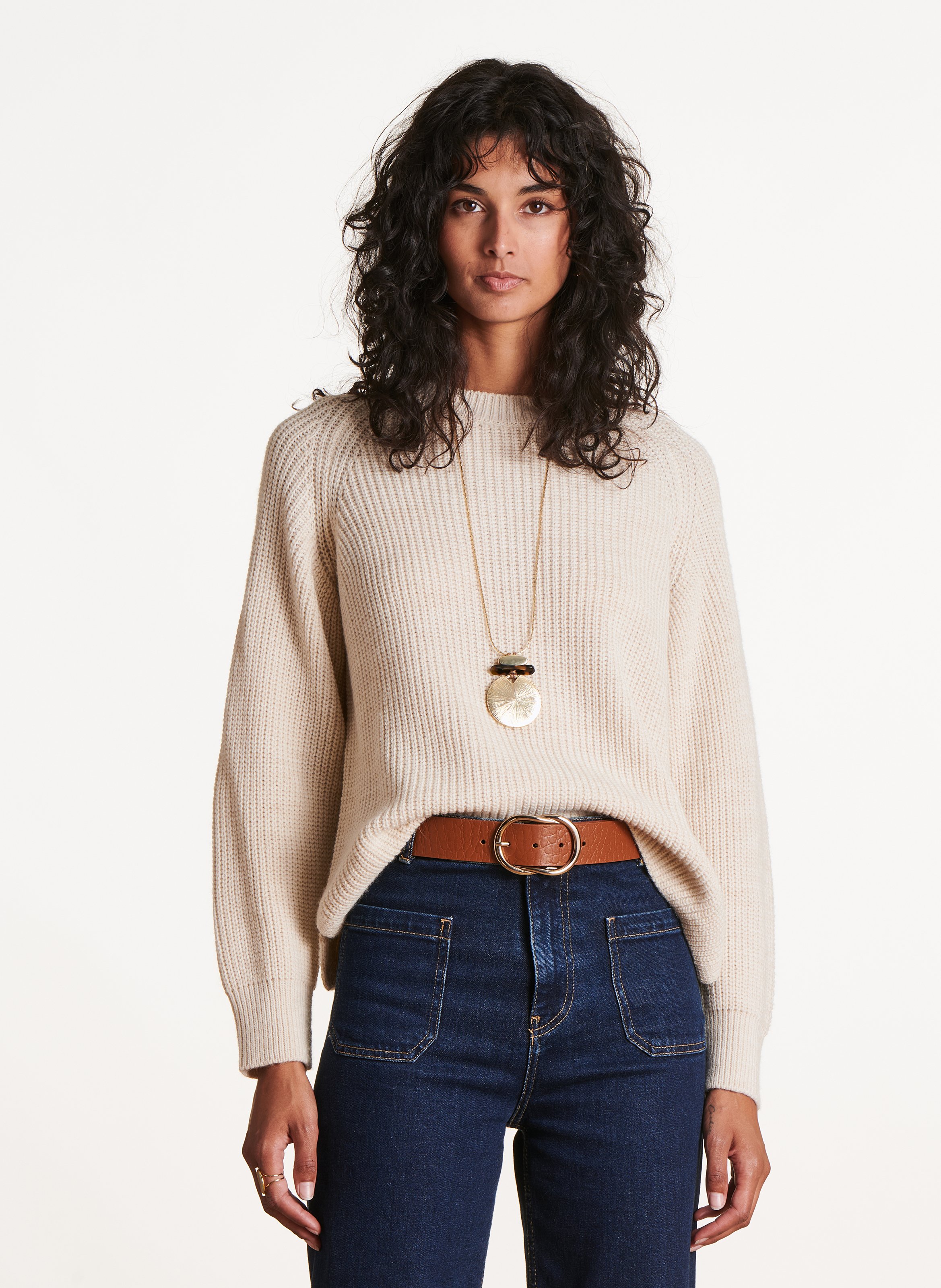 Loose-fit mixed-knit round-neck sweater LA FEE MARABOUTEE White