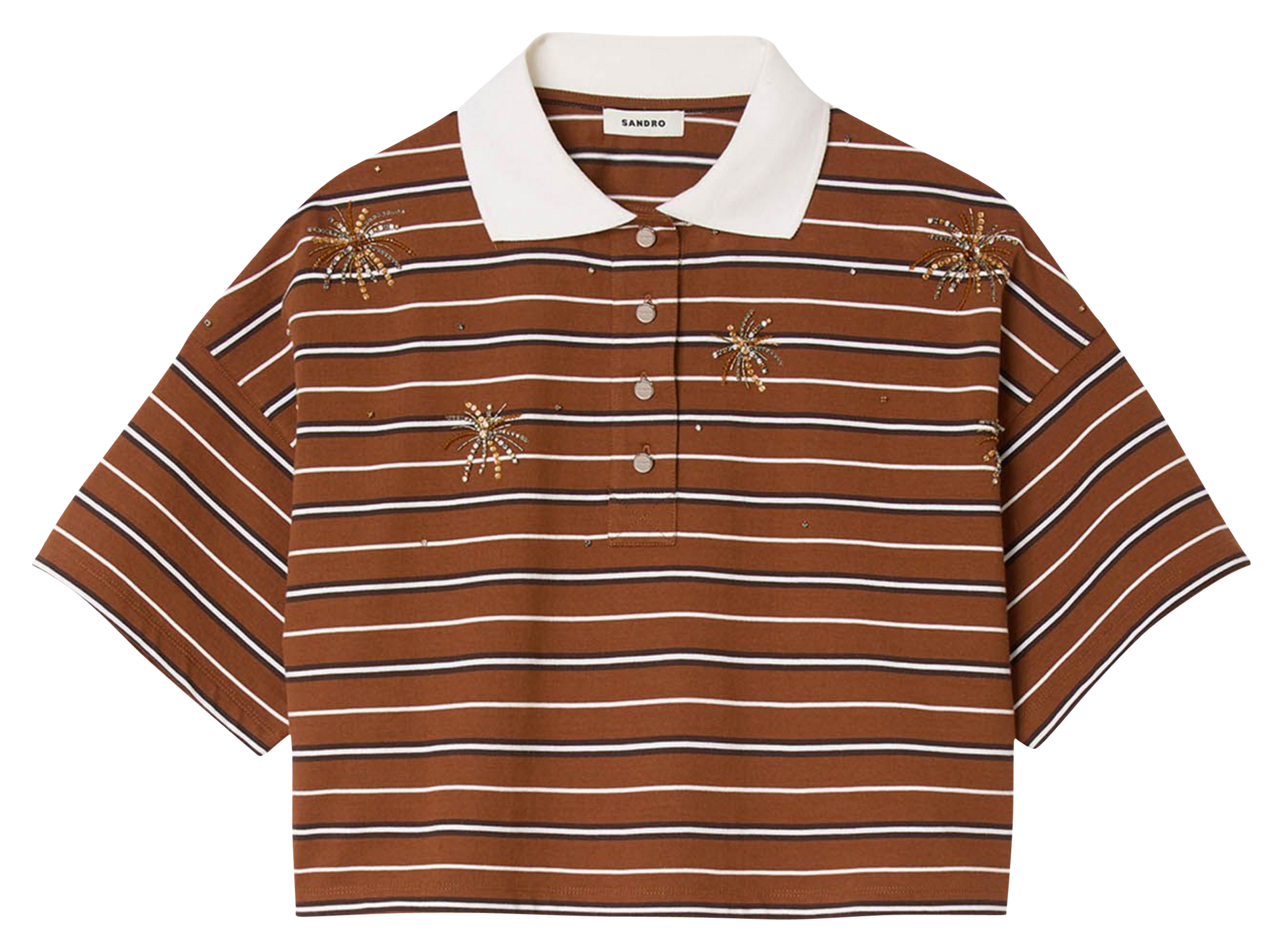 Tee-shirt rayé en coton col classique SANDRO Marron