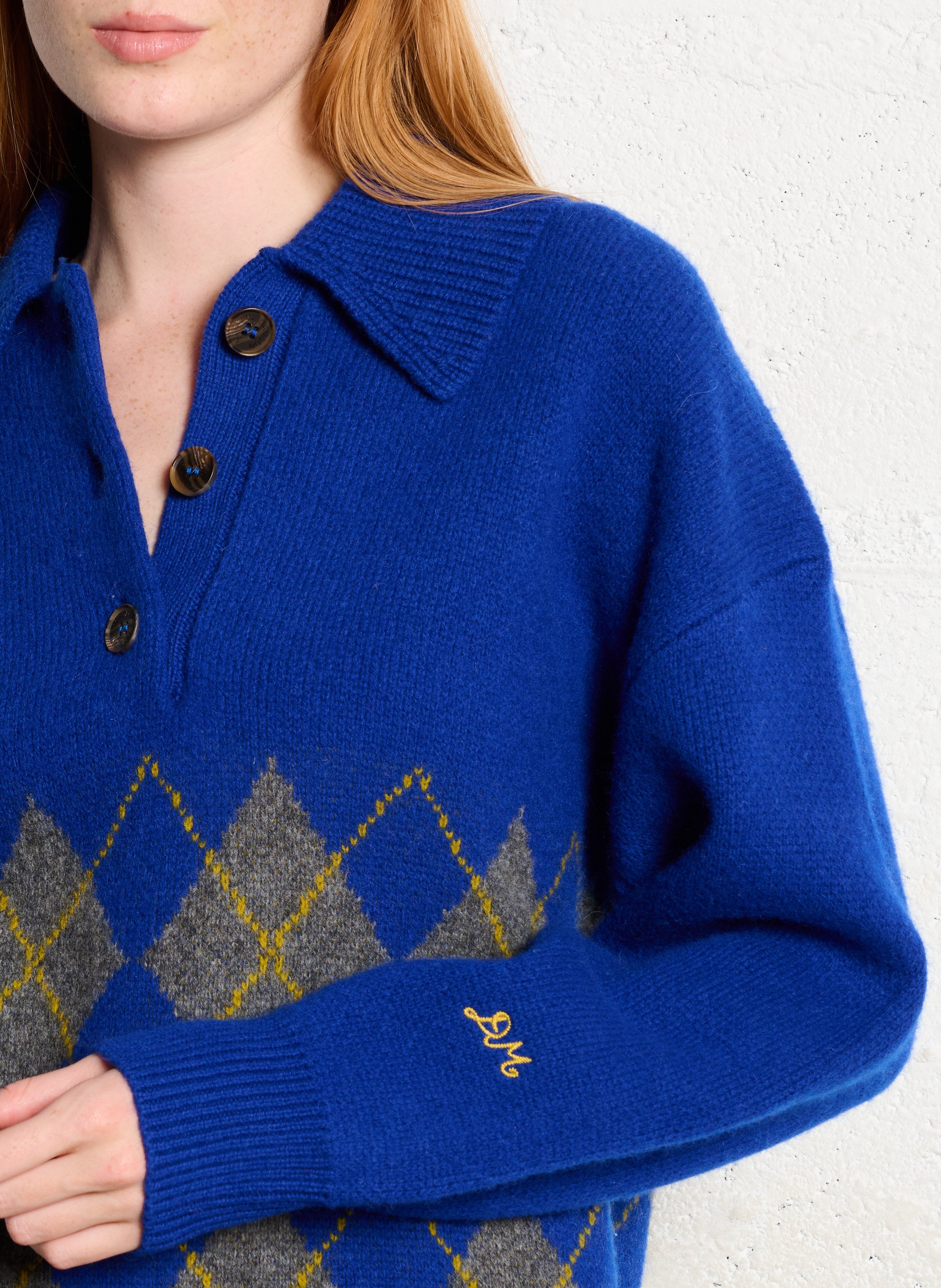 Pull col classique jacquard en laine DAMSON MADDER Bleu