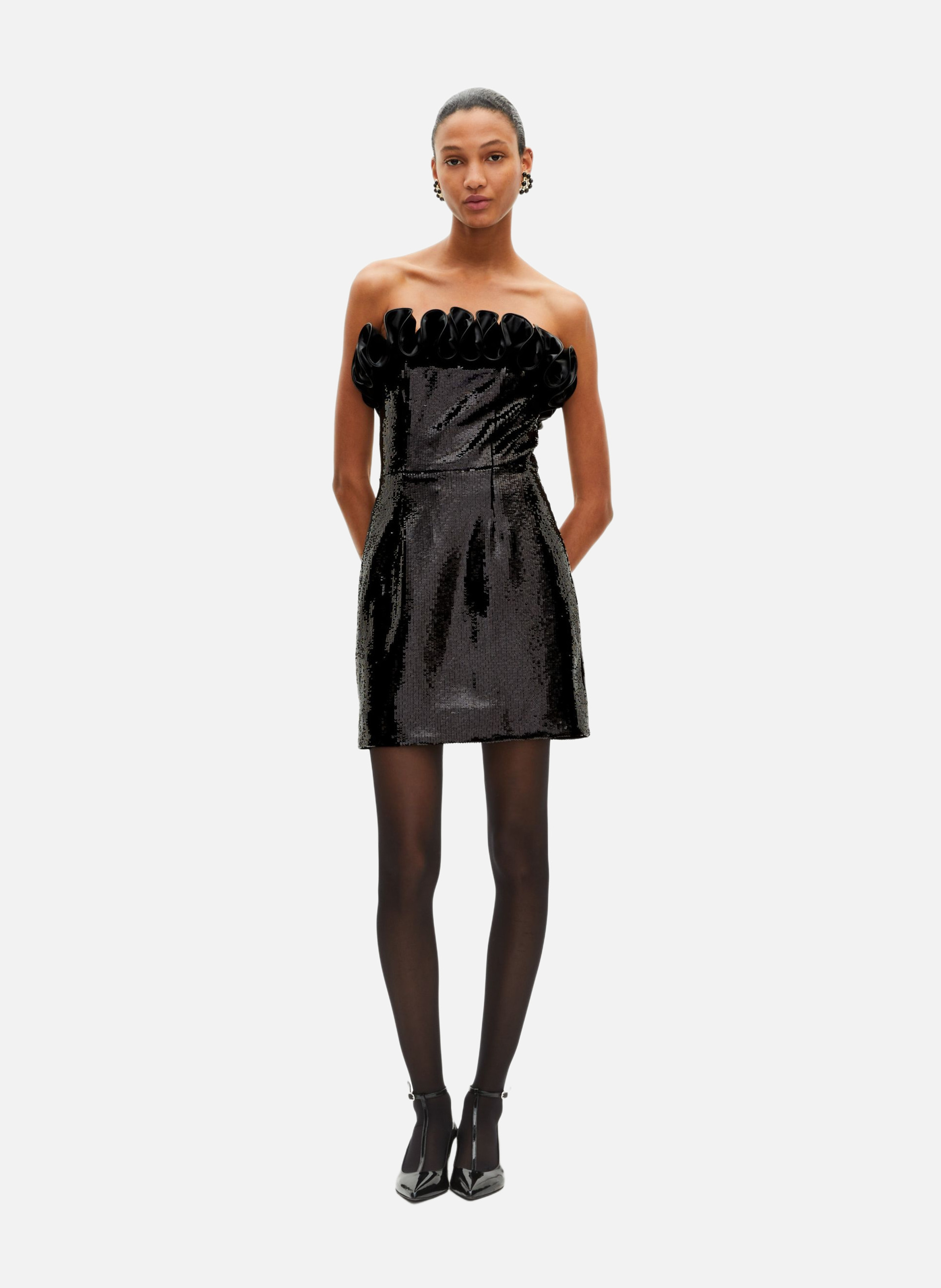 Short strapless dress with sequins and faux leather detail THE KOOPLES Black