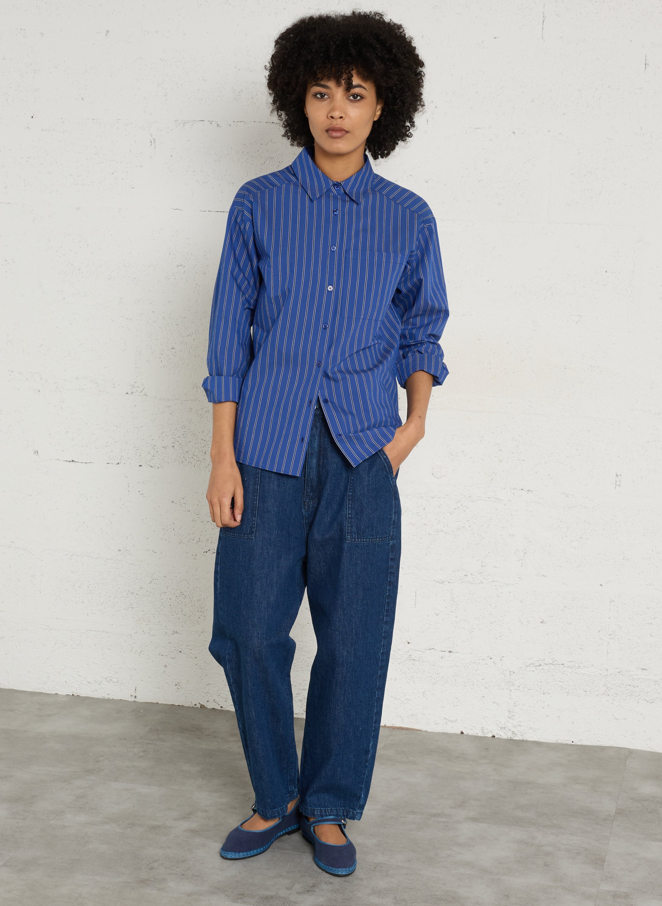 Chemise oversize col classique en coton mélangé rayé MAISON 123 Bleu