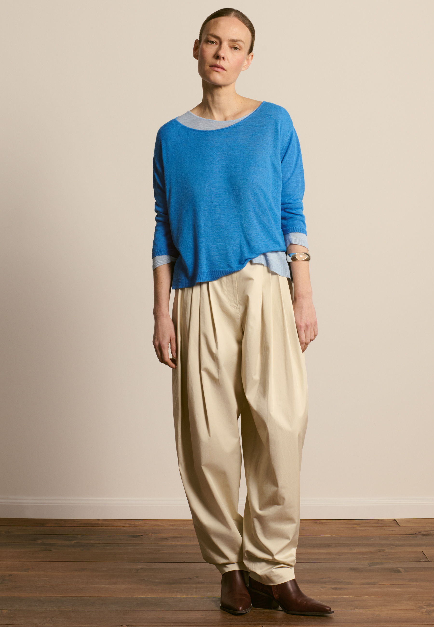 T-shirt col rond manches coudes en lin flammé MAISON MONTAGUT Bleu