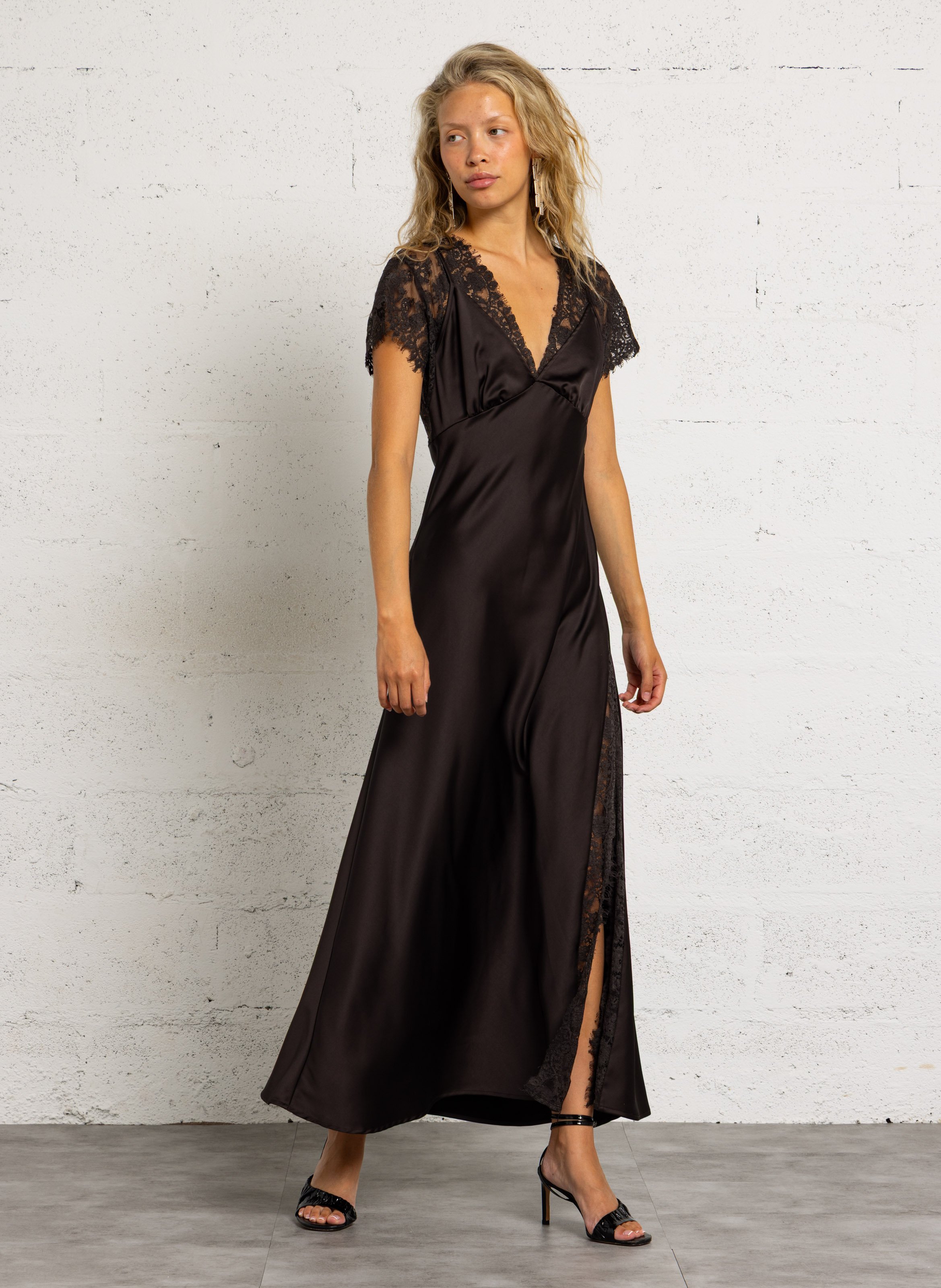 Long satin lace dress IMPERIAL Brown