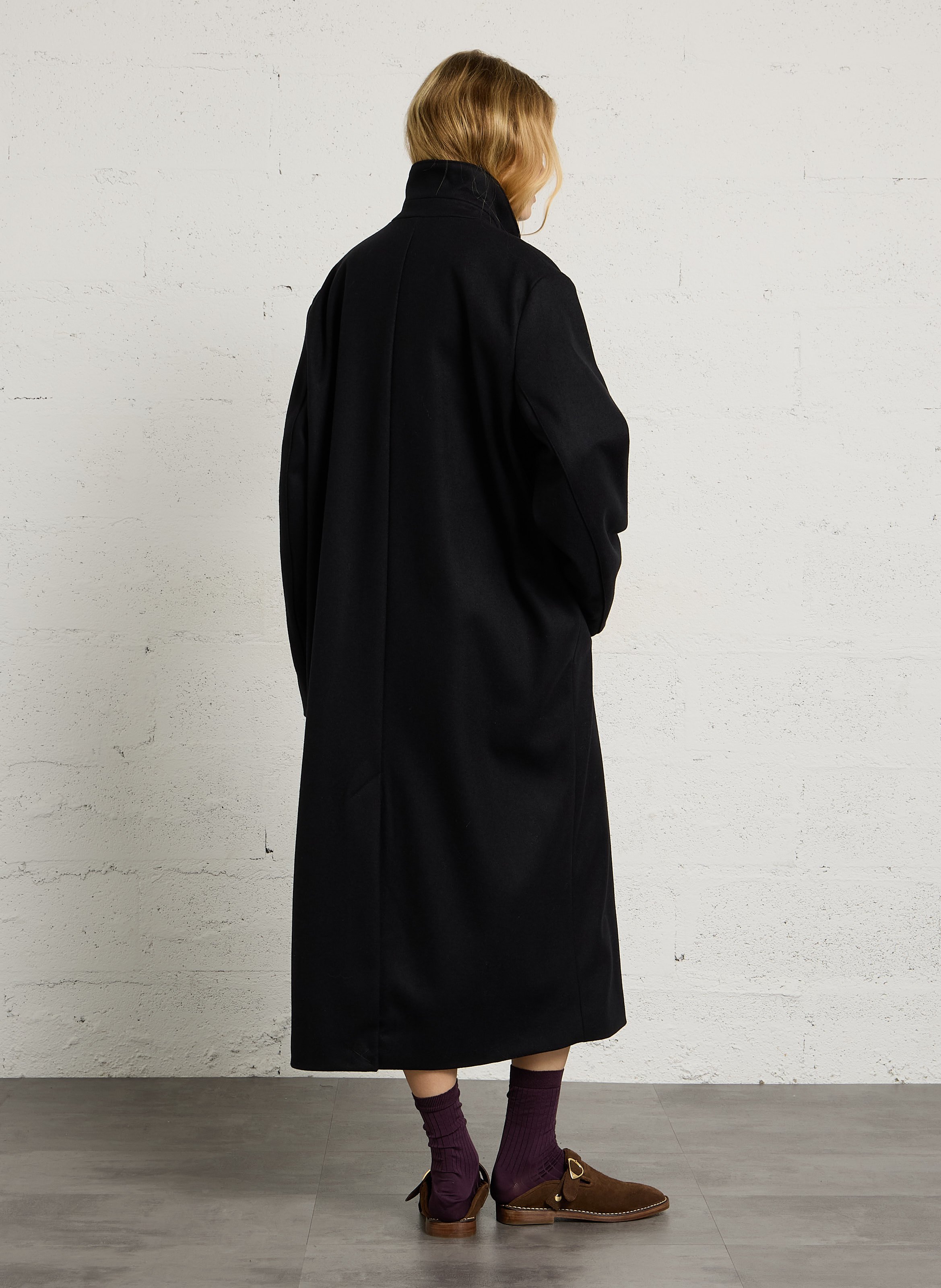 Manteau long et ample en laine recyclée mélangée SOEUR Noir