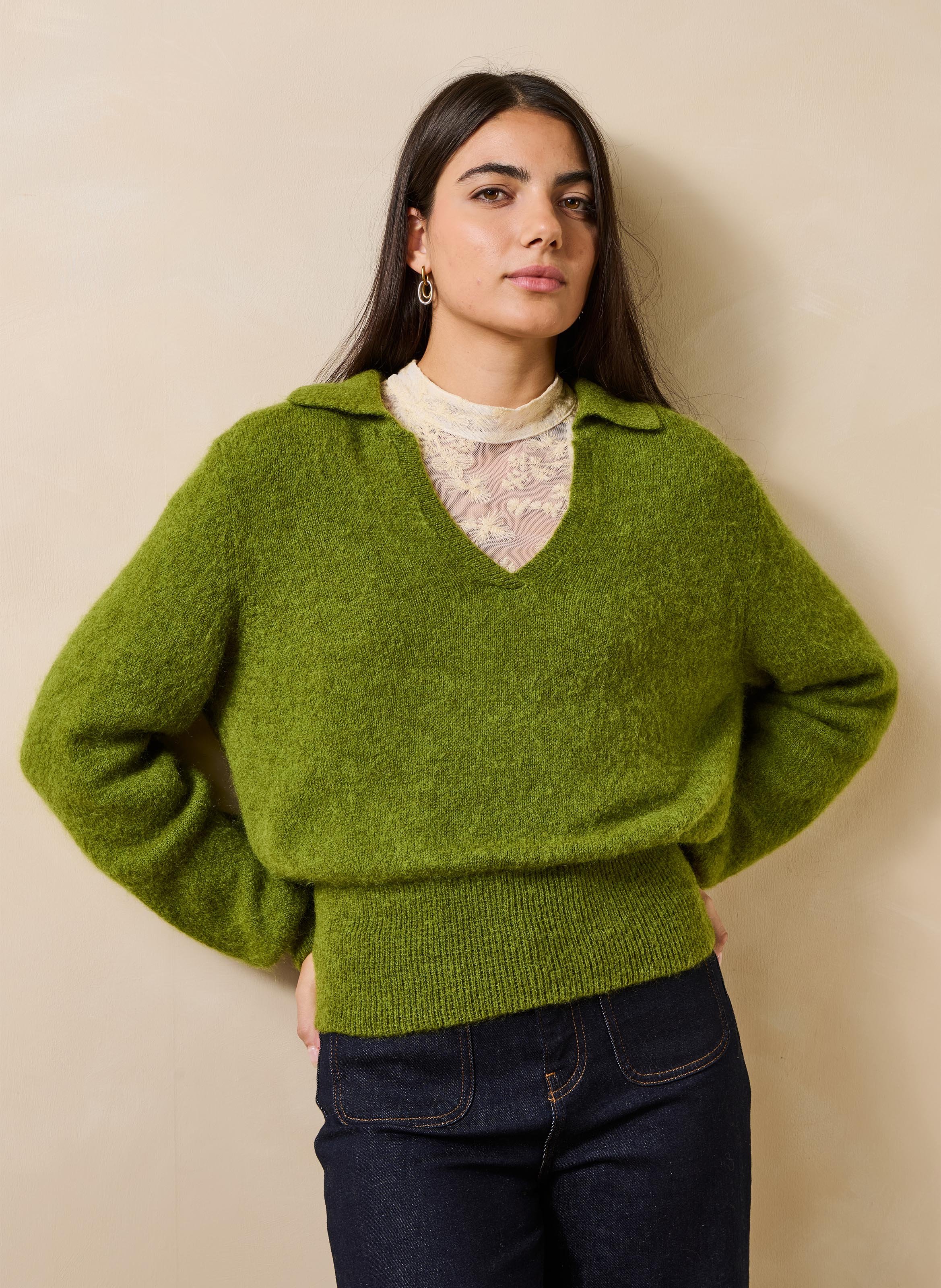  Pull en maille col polo LA FEE MARABOUTEE Vert