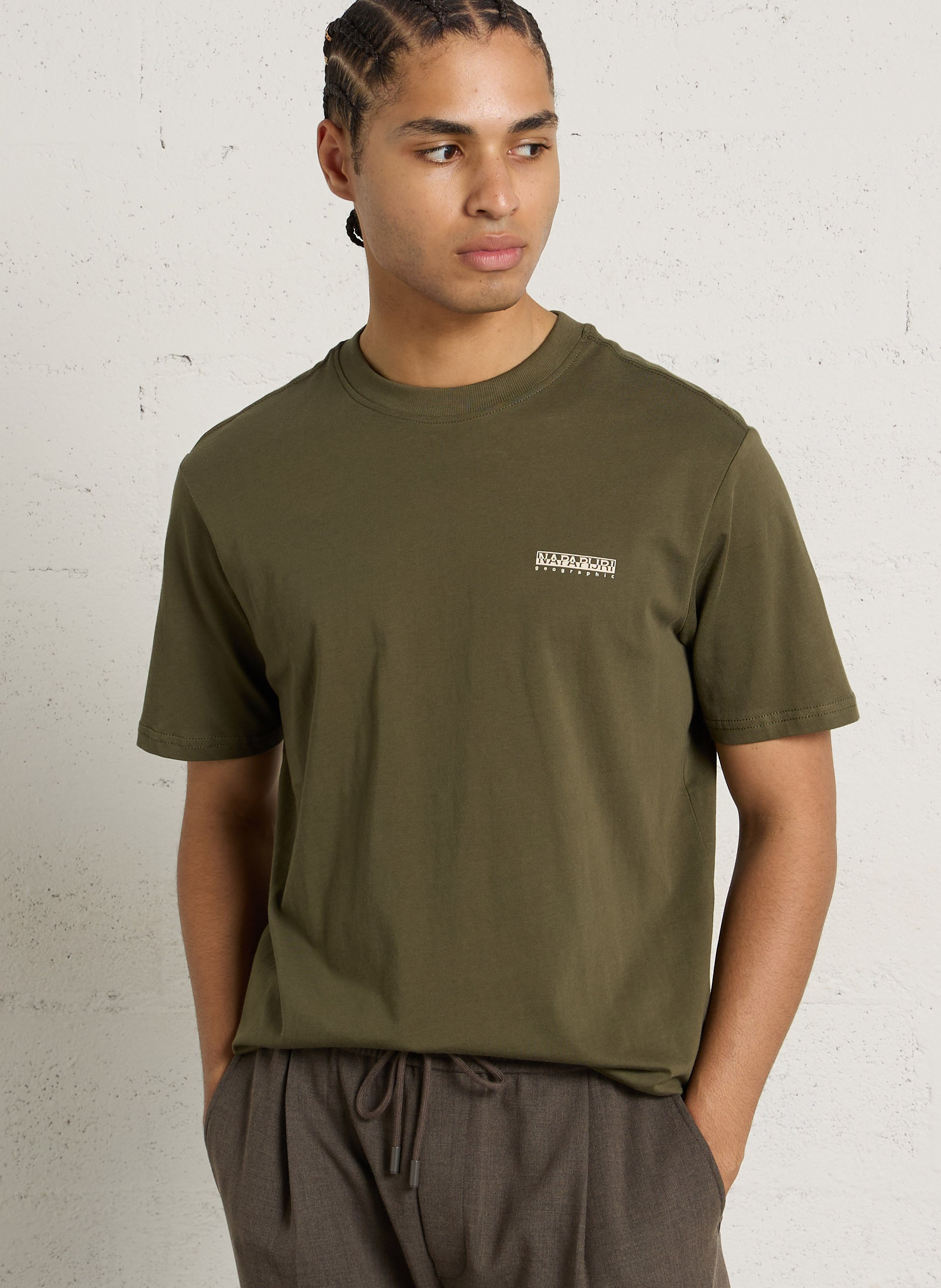 Recht, katoenen T-shirt met ronde hals en zeefdruk NAPAPIJRI Groen