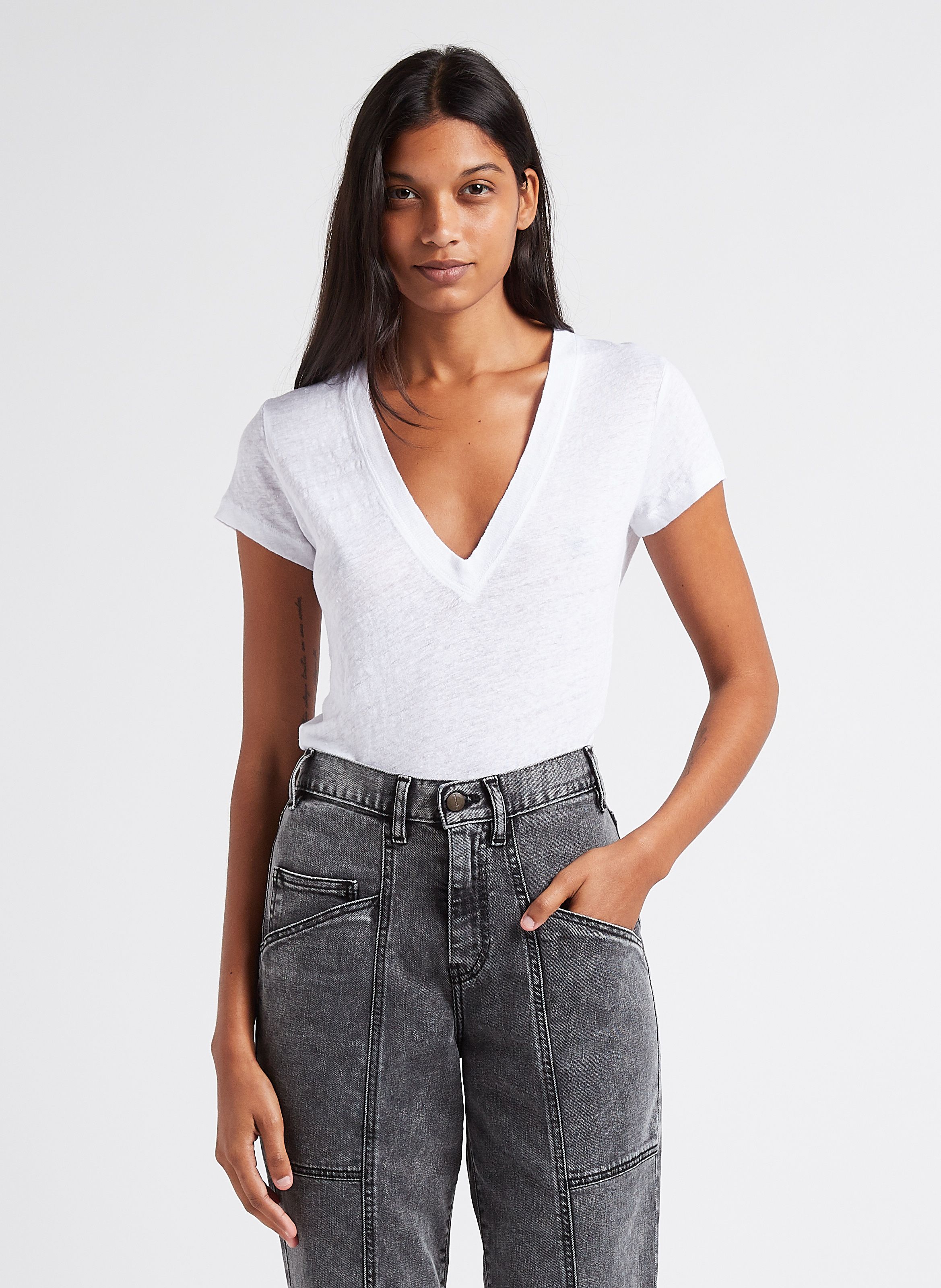 IRO RODEO White V neck linen T shirt