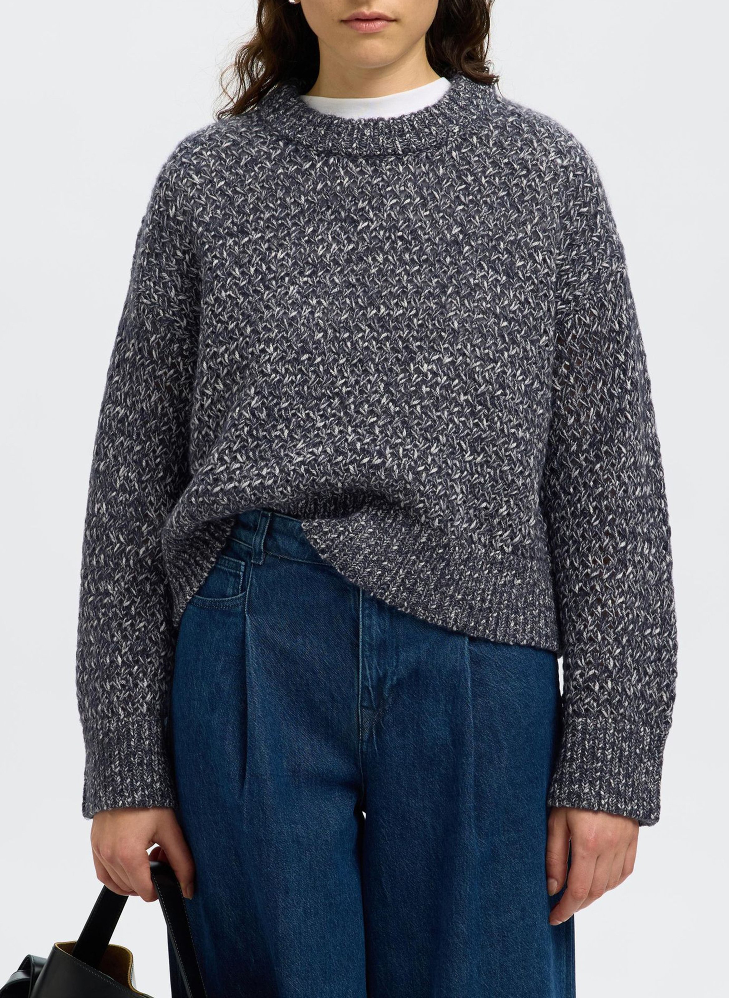 Pull oversize col rond en coton bio mélangé SELECTED Bleu