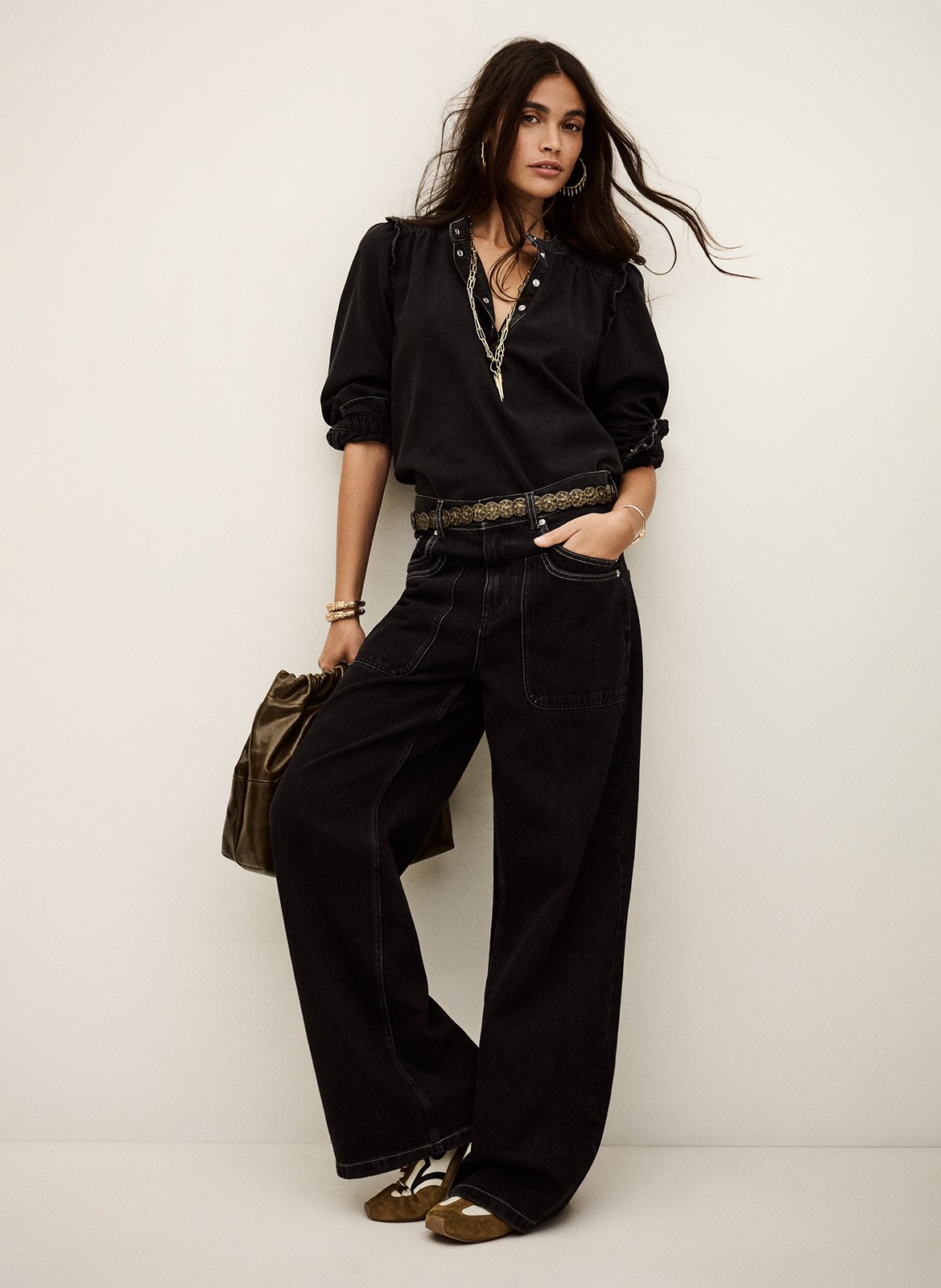 Blouse met ronde hals | katoenblend BA&SH Zwart