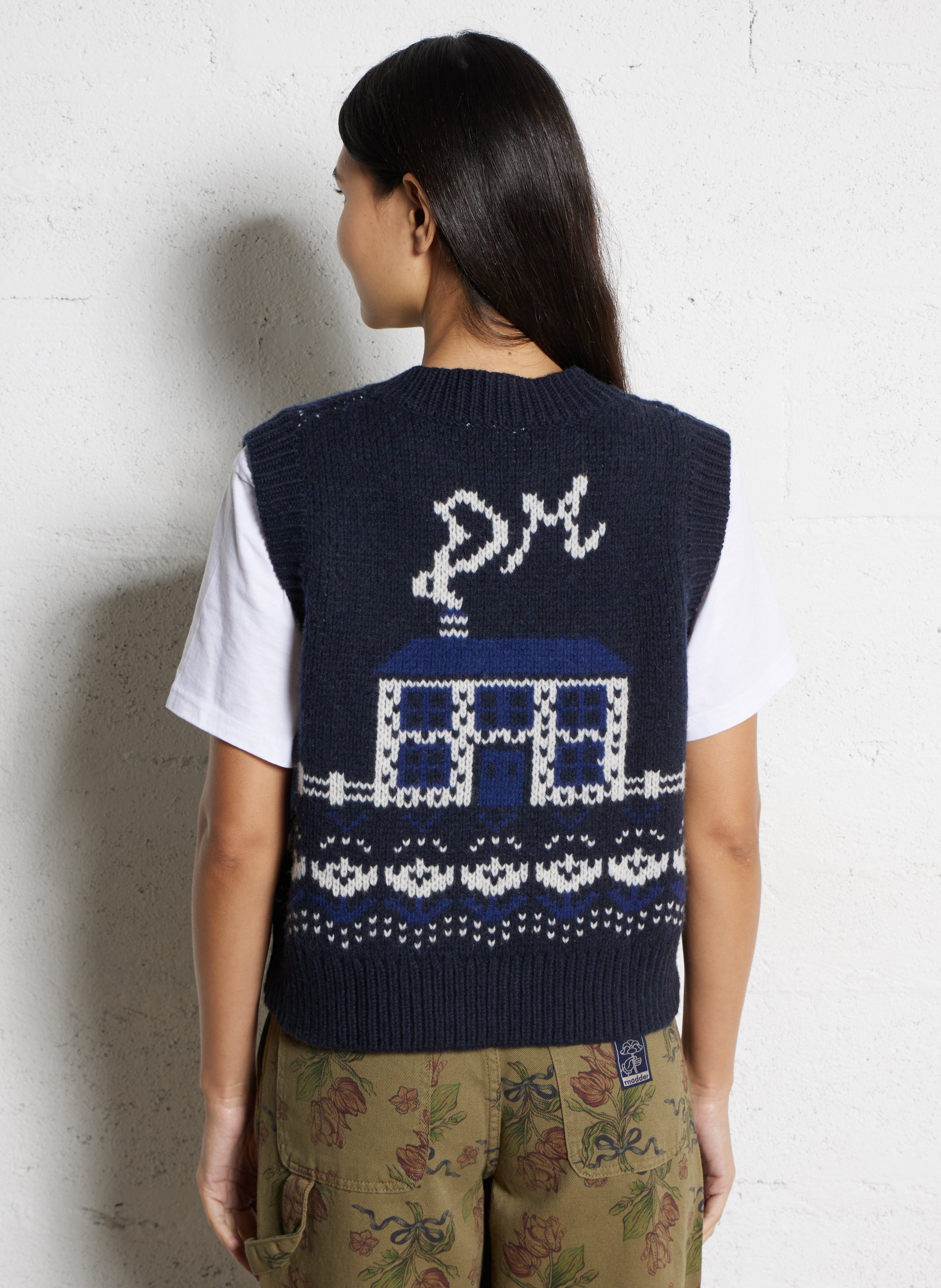 Pull col V imprimé en laine DAMSON MADDER Bleu