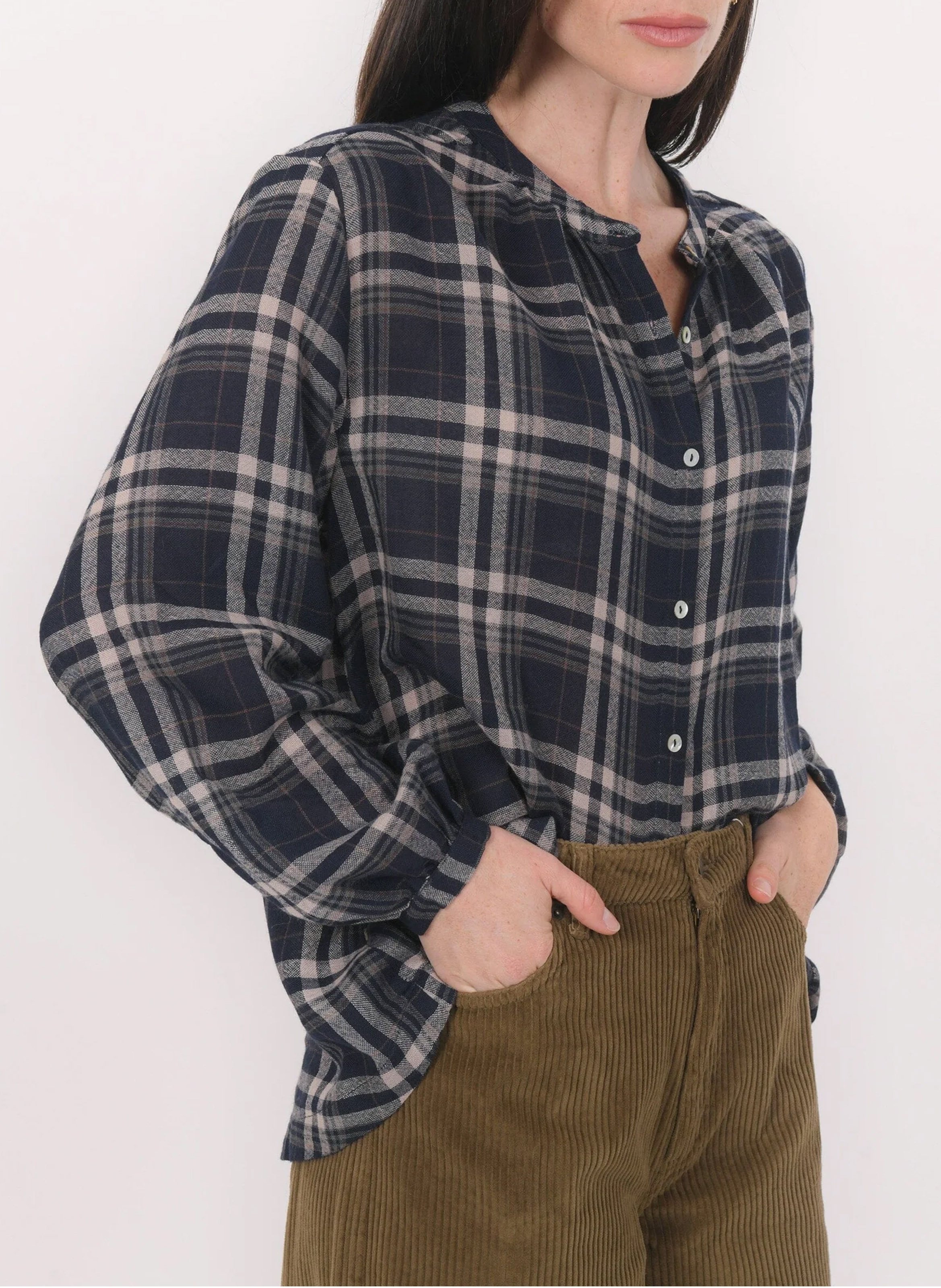 Oversized Mao collar plaid shirt Blue