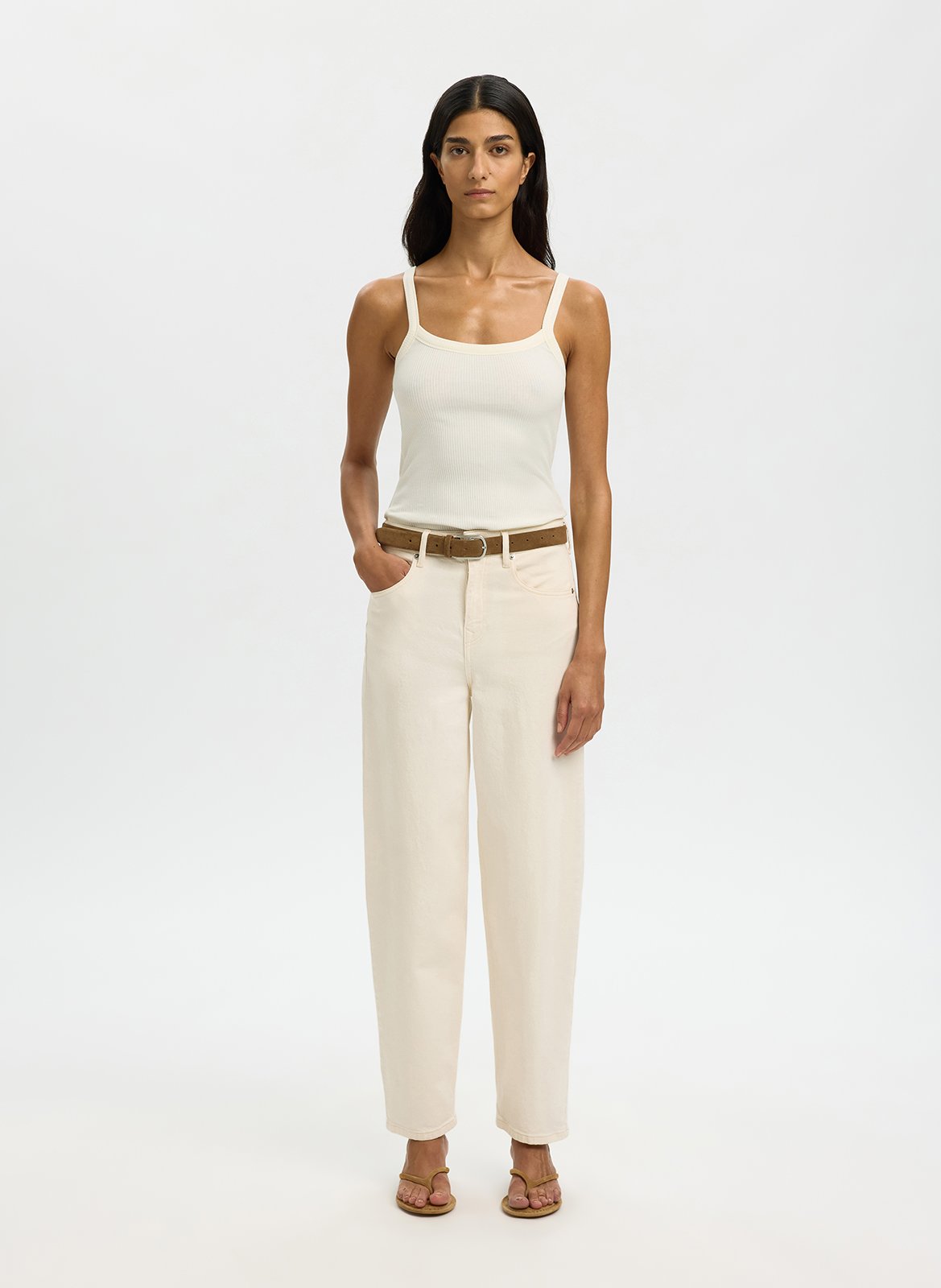 Round neck organic cotton blend straight tank top SELECTED White