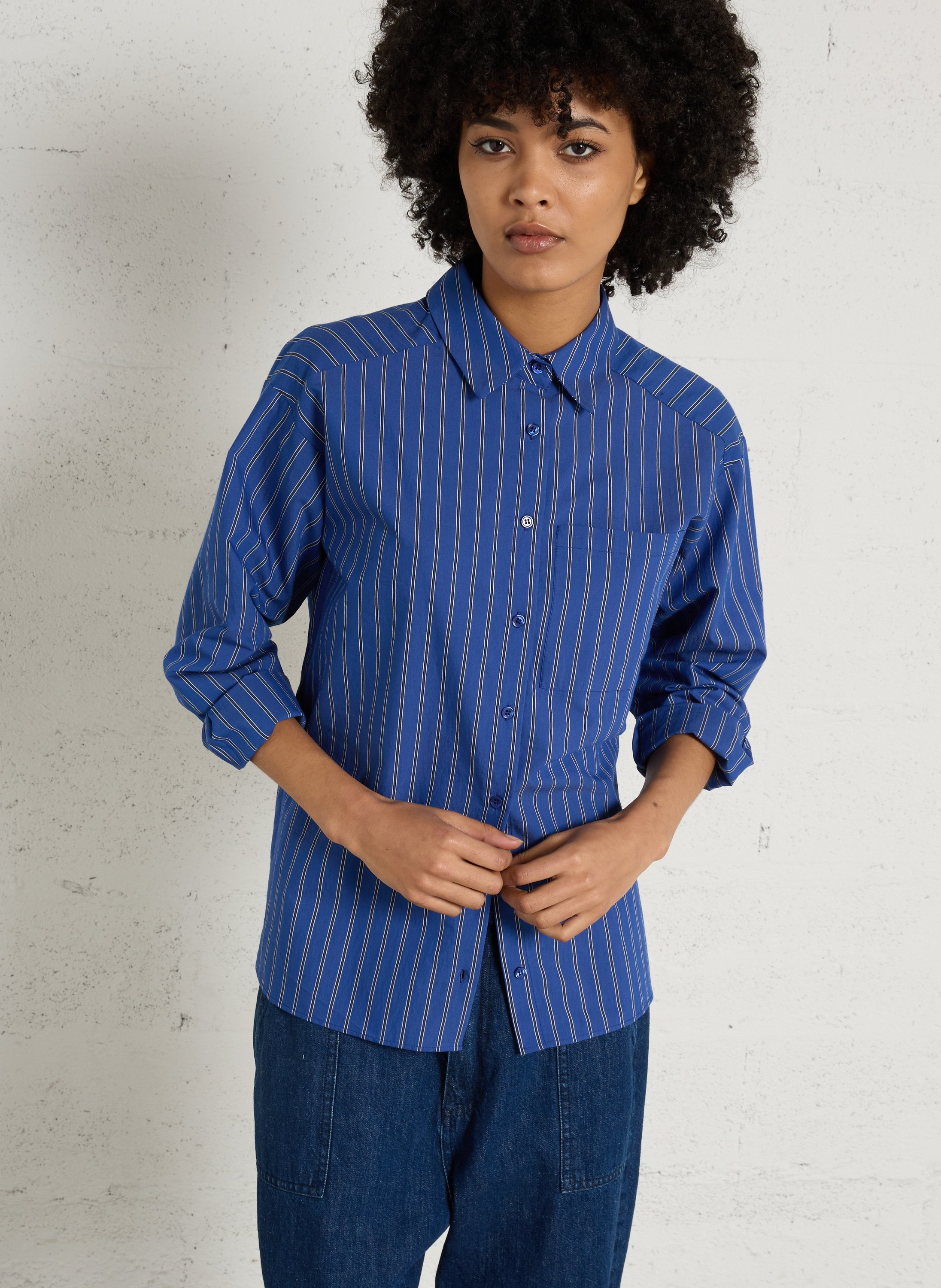 Chemise oversize col classique en coton mélangé rayé MAISON 123 Bleu