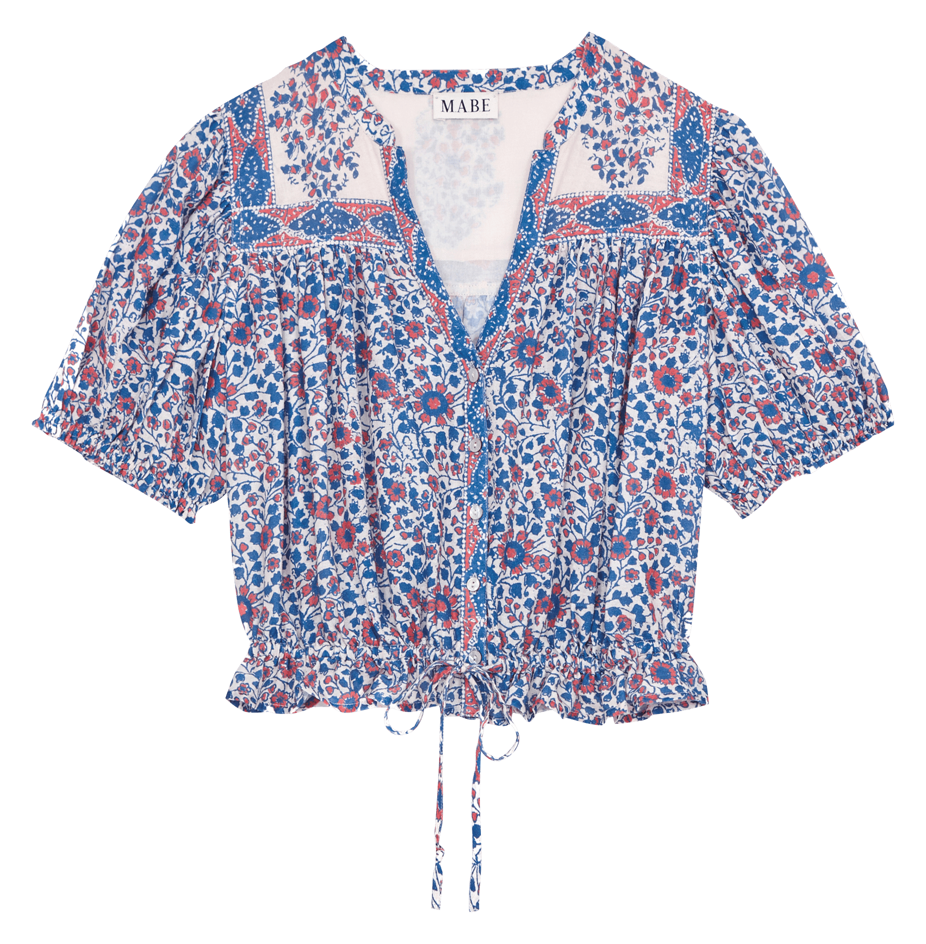 Top droit col v en coton imprimé M.A.B.E Bleu