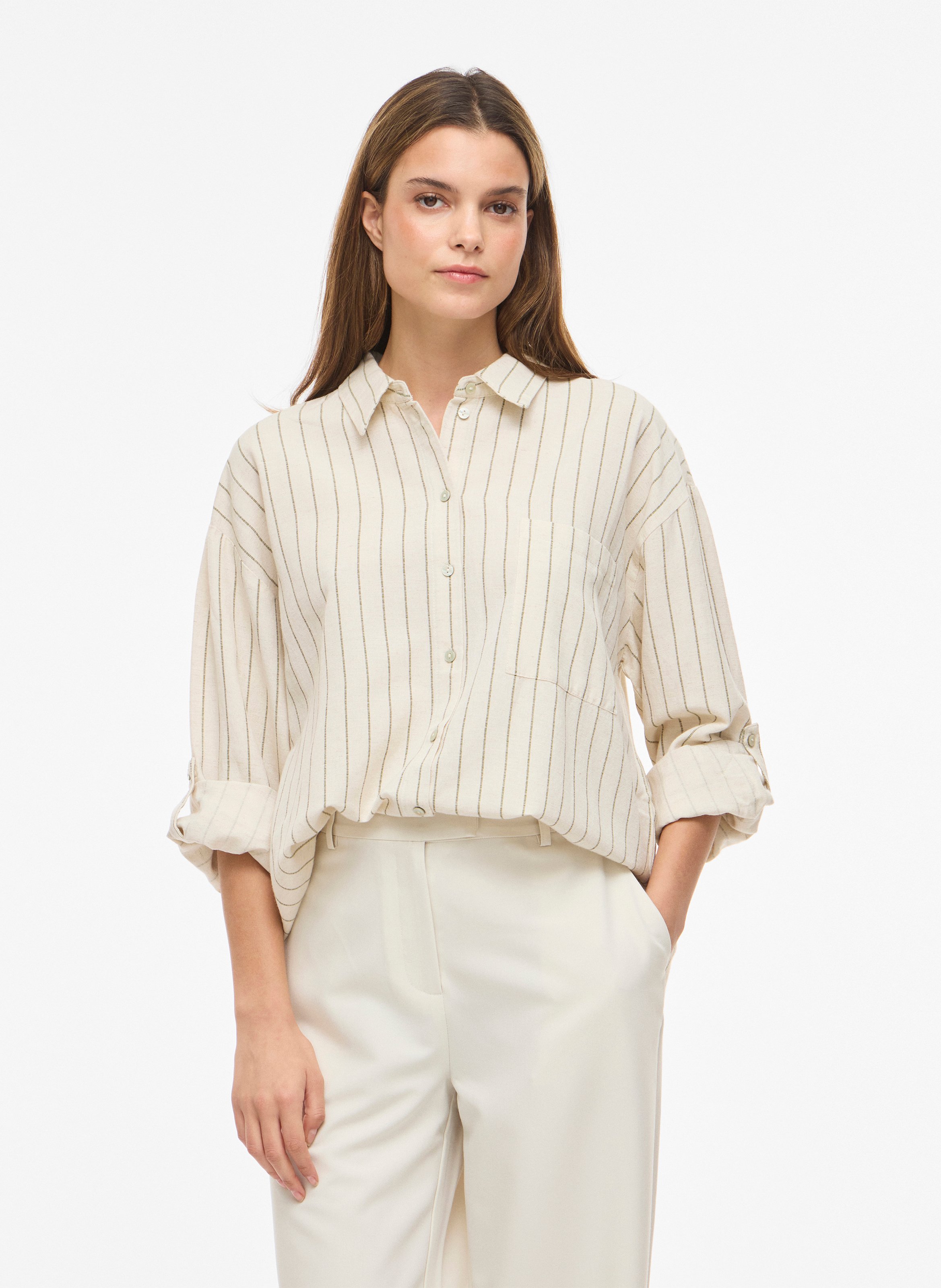 Gestreifte Oversize-Bluse mit klassischem Kragen VILA Beige