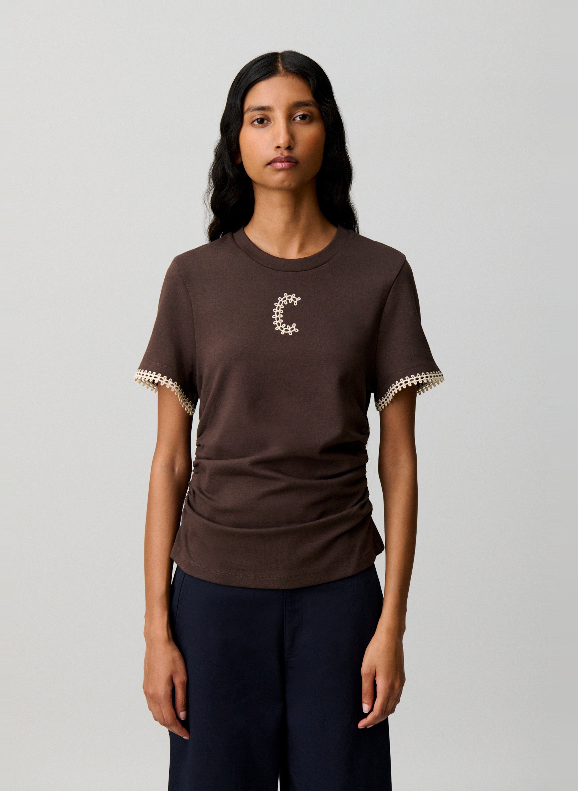 Tee-shirt droit col rond brodé CLAUDIE PIERLOT Marron
