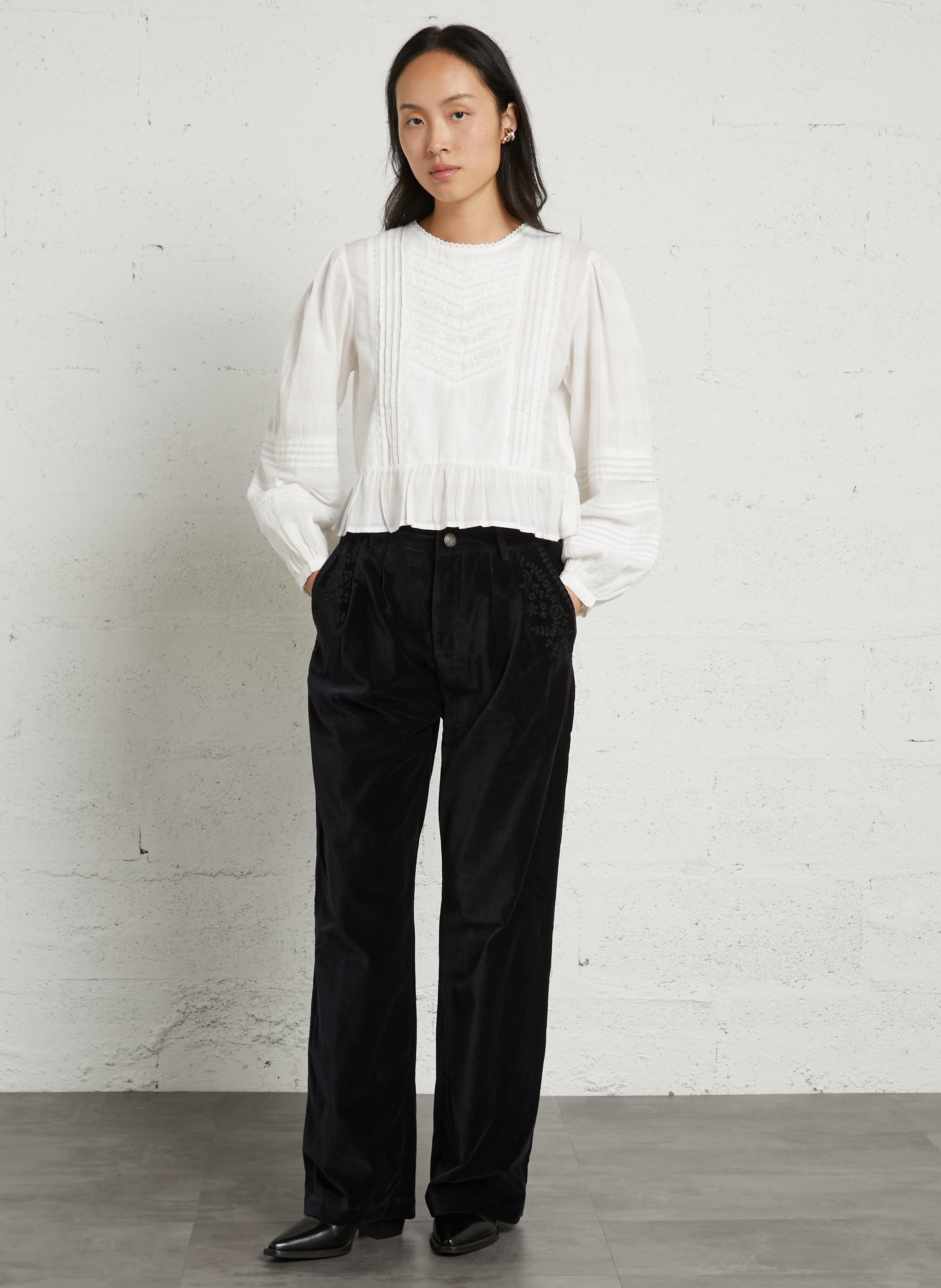 Wijde broek met borduursel in fluwelen katoen MAISON HOTEL Blauw