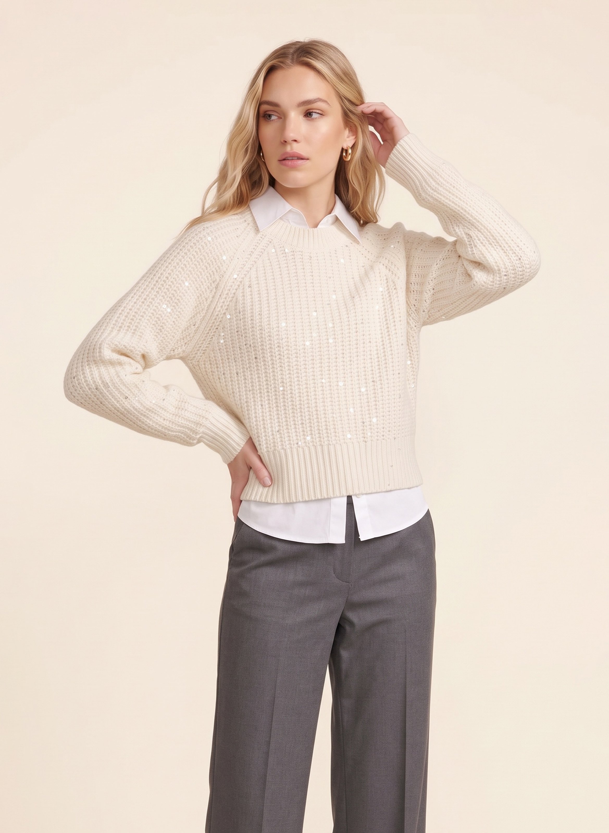 Straight-fit sequinned crew-neck sweater KOOKAI White