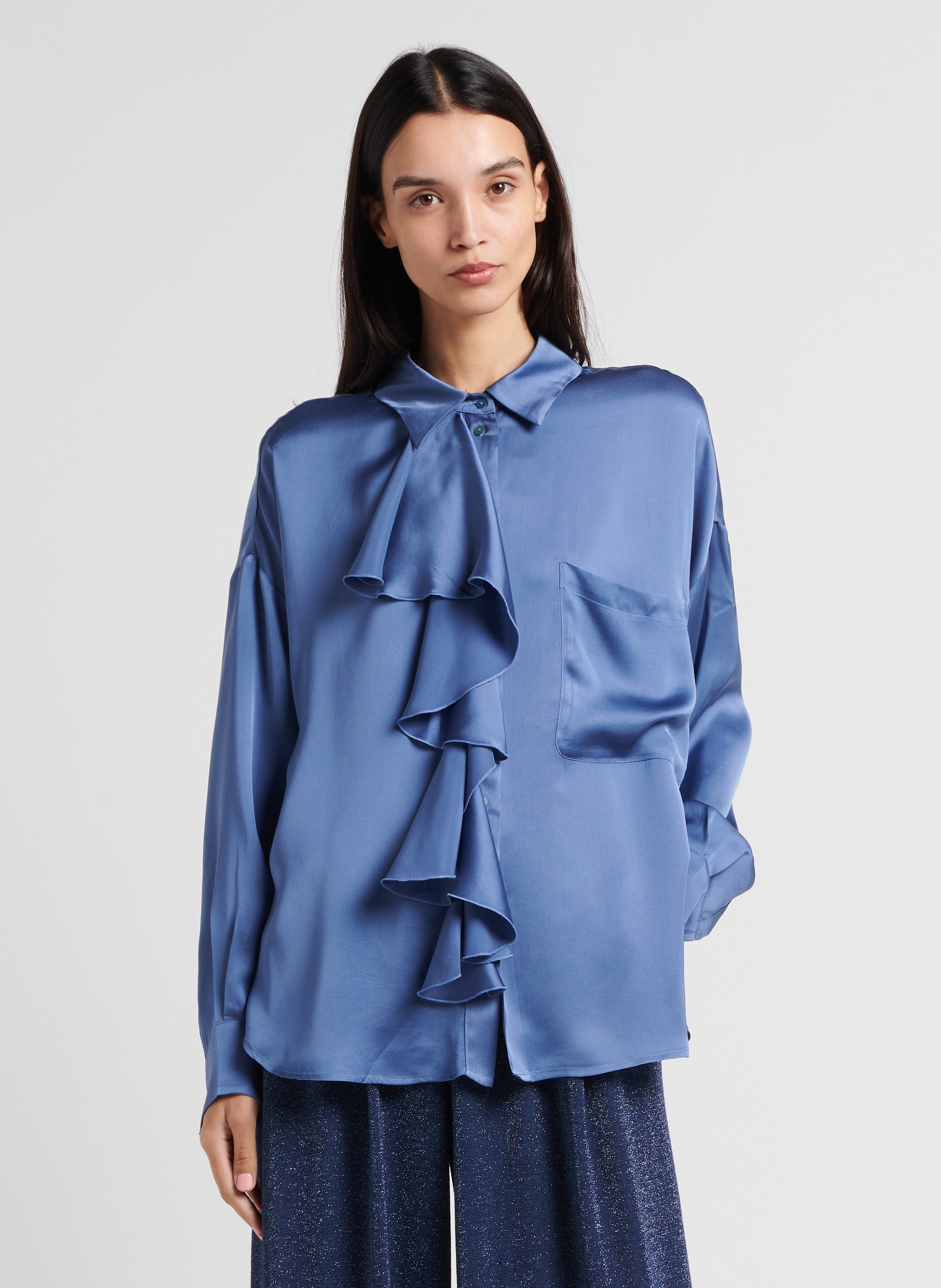 Chemise droite à volants en soie MOMONI Blanc