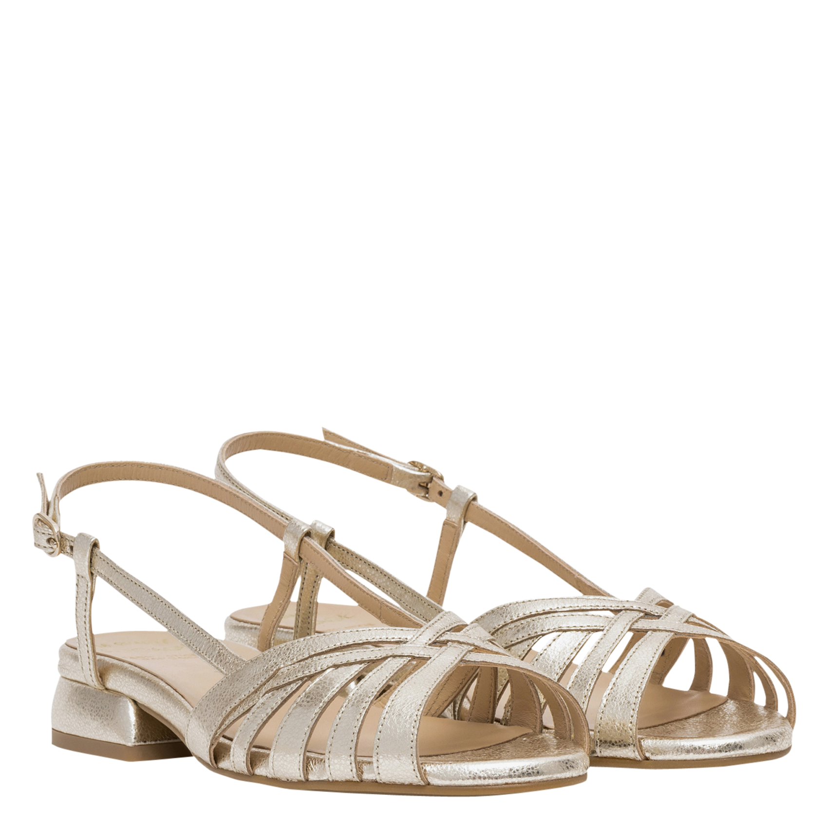 Avarca Berlin - Flache Ledersandalen mit Samt BOCAGE Golden