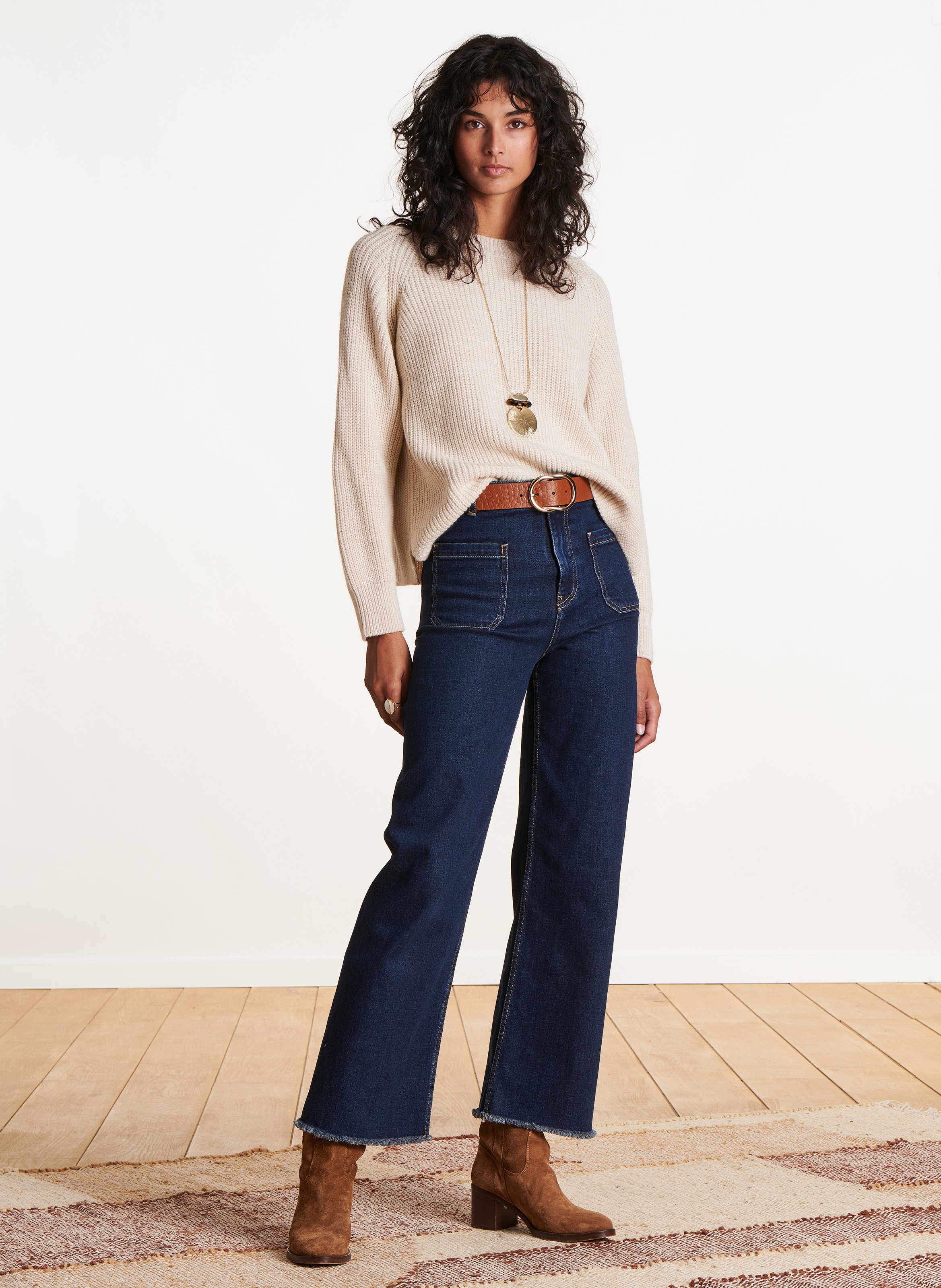 Loose-fit mixed-knit round-neck sweater LA FEE MARABOUTEE White