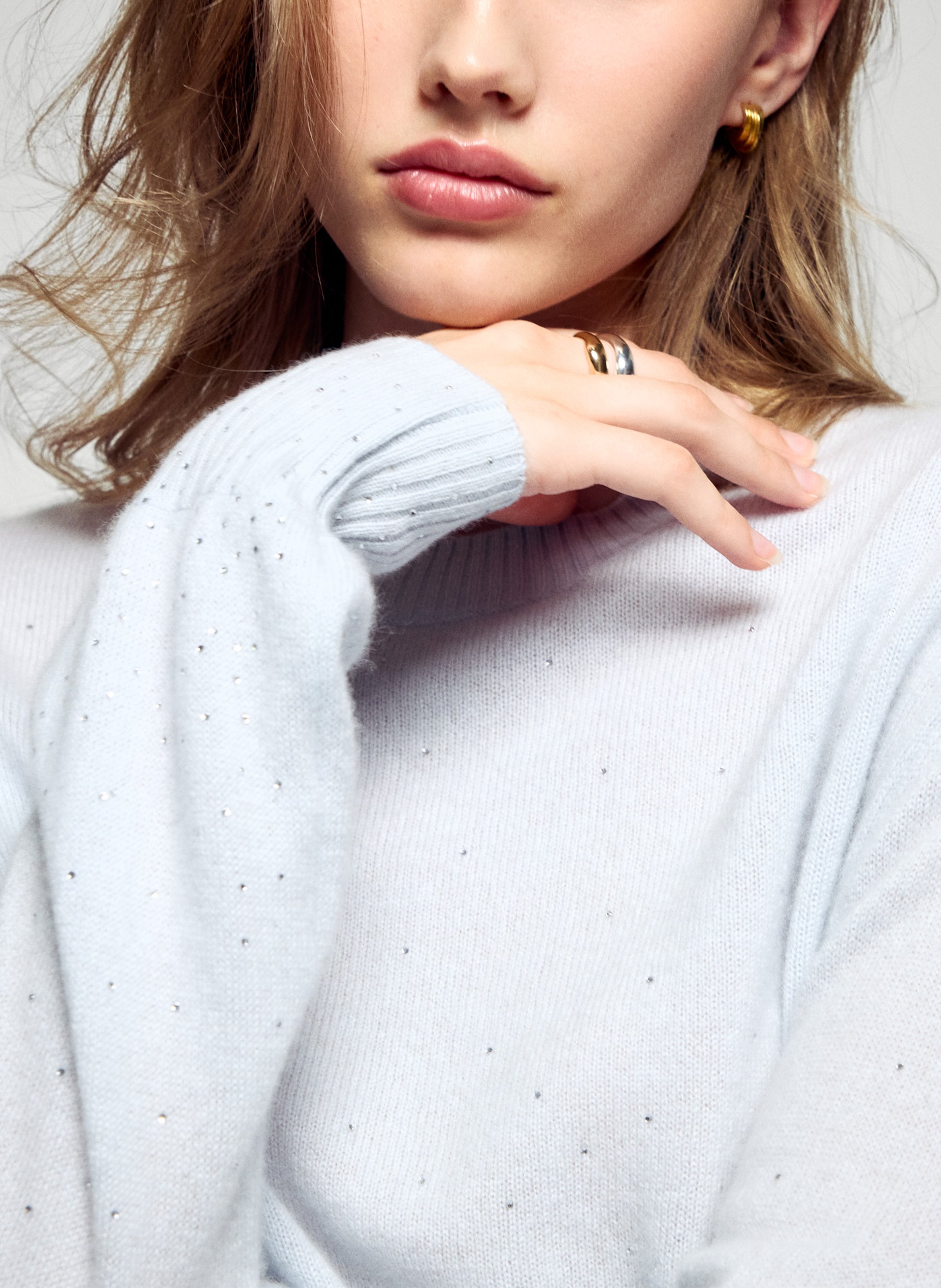 Round neck cashmere sweater with rhinestones FROM FUTURE Blue