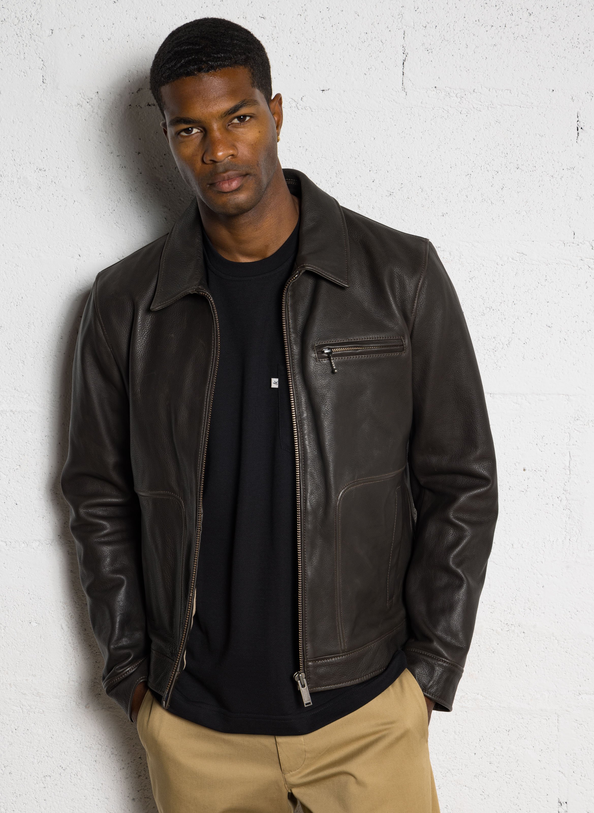 Blouson droit col classique en cuir CHEVIGNON Marron