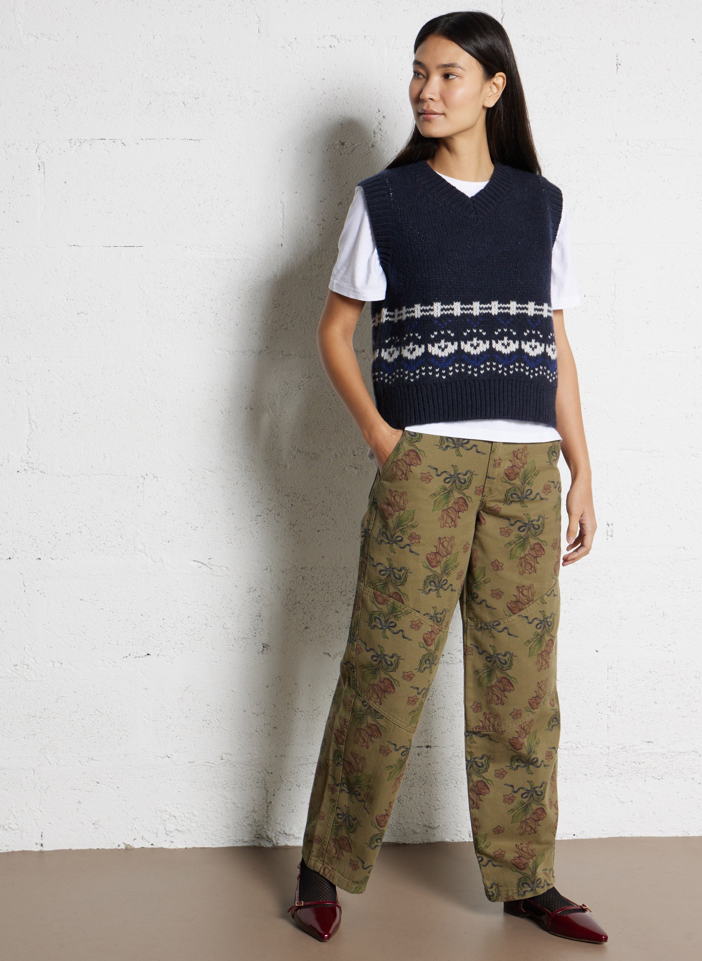 Jean large en coton bio et coton recyclé imprimé DAMSON MADDER Kaki