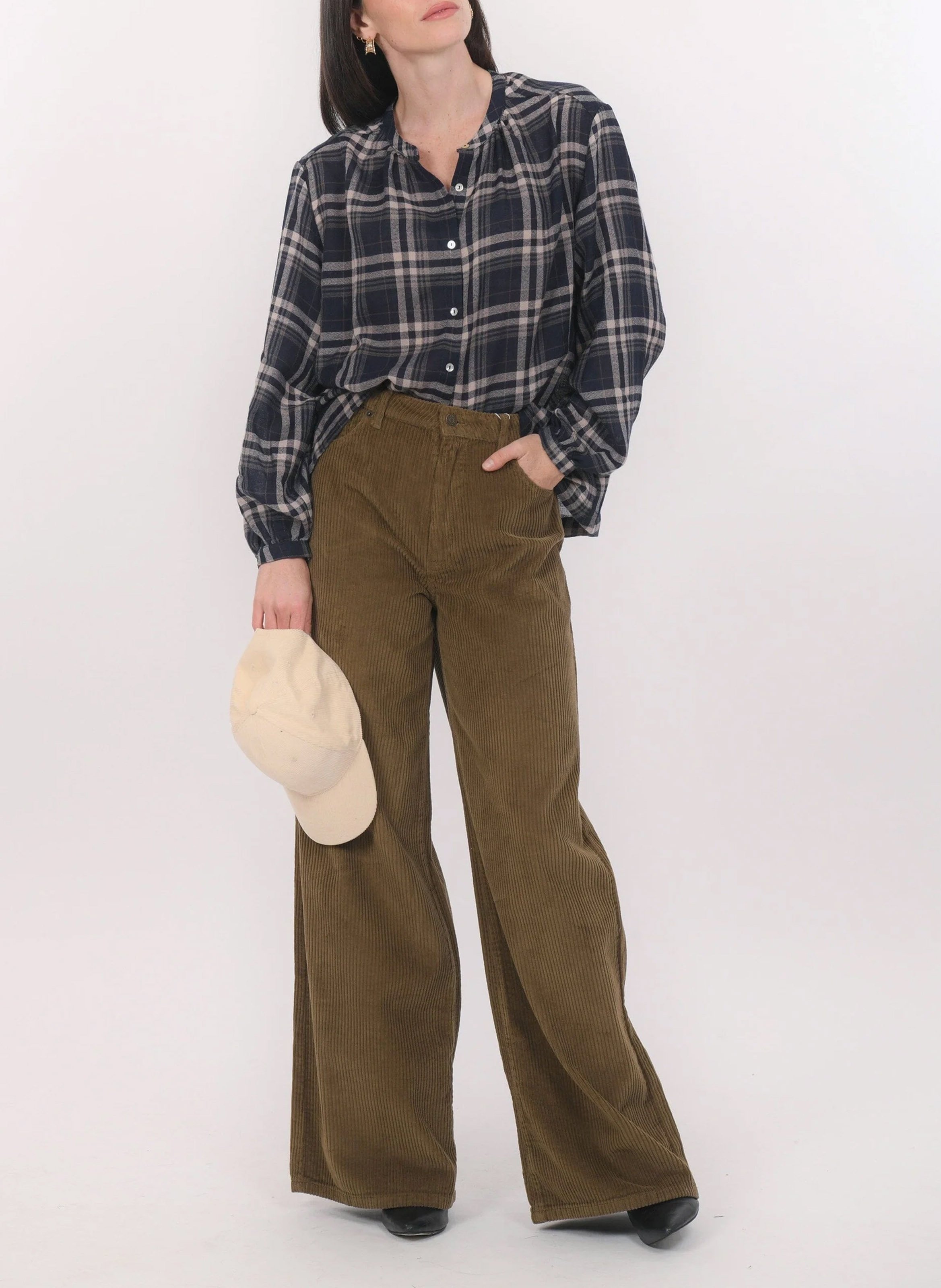 Oversized Mao collar plaid shirt Blue