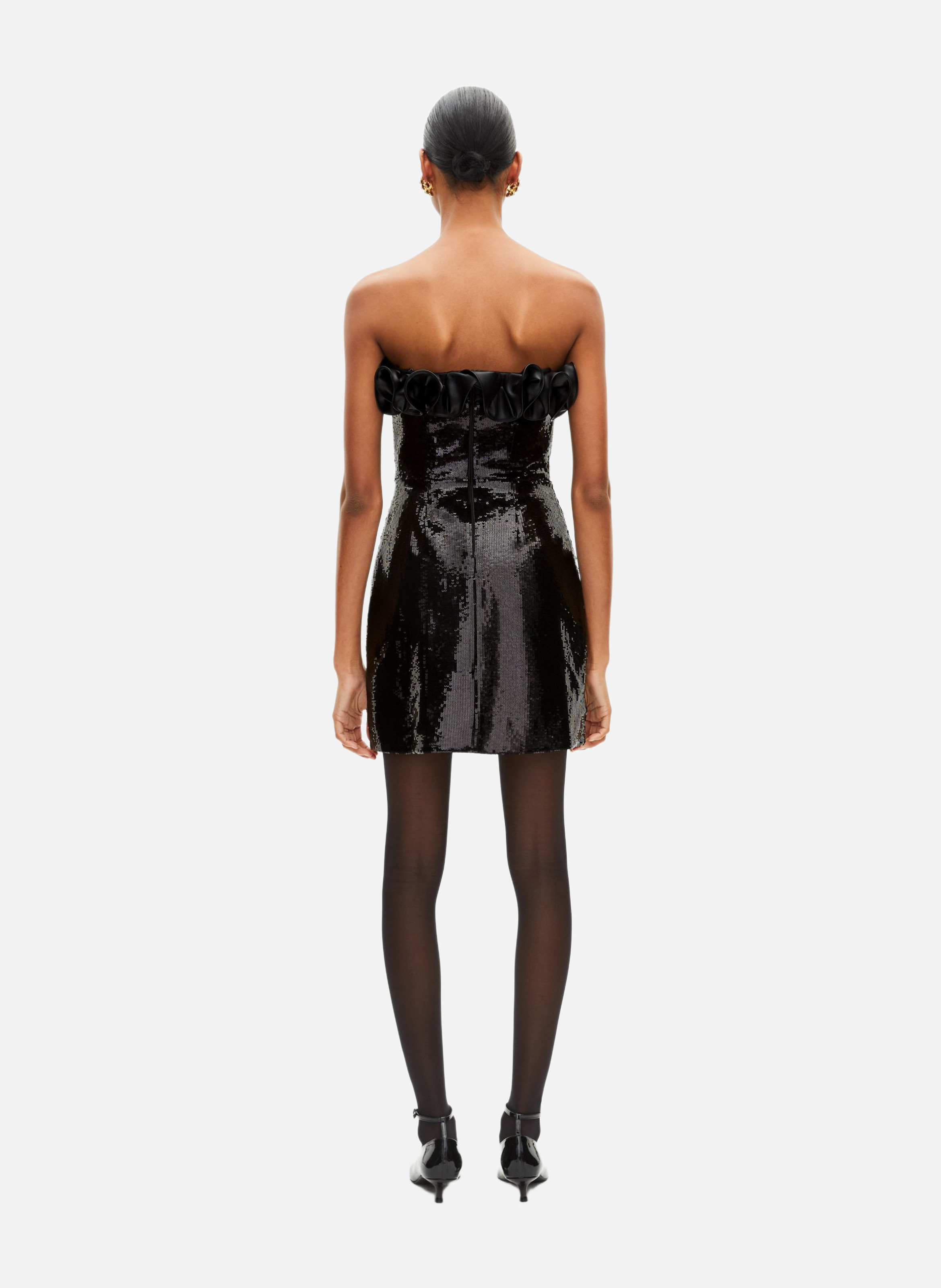 Short strapless dress with sequins and faux leather detail THE KOOPLES Black