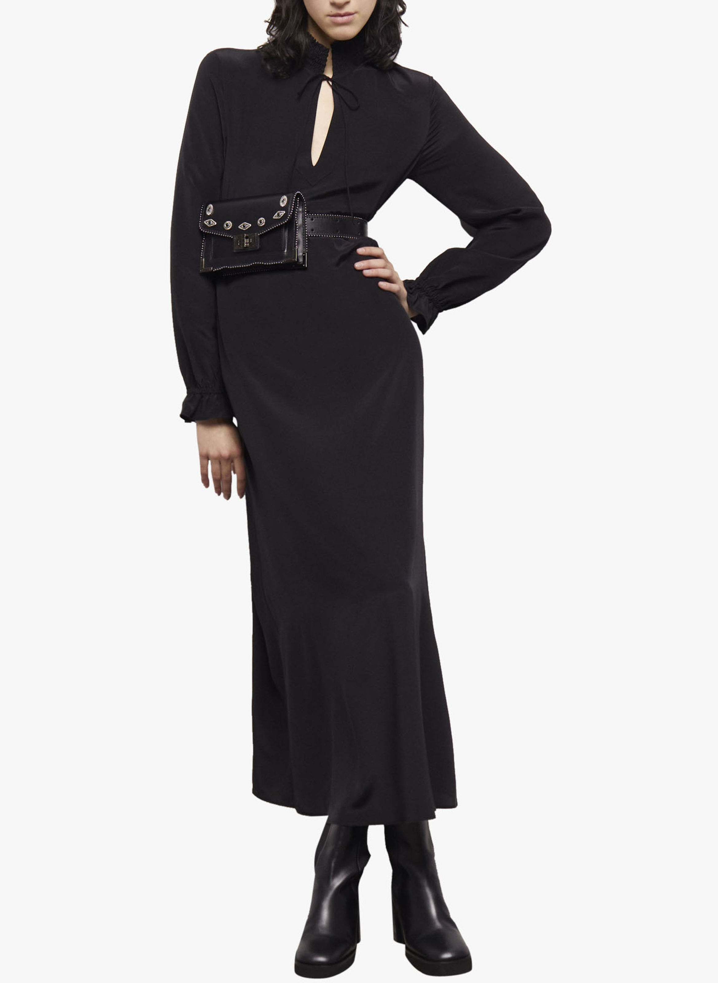 Lange, zijden jurk met hoge kraag THE KOOPLES Zwart