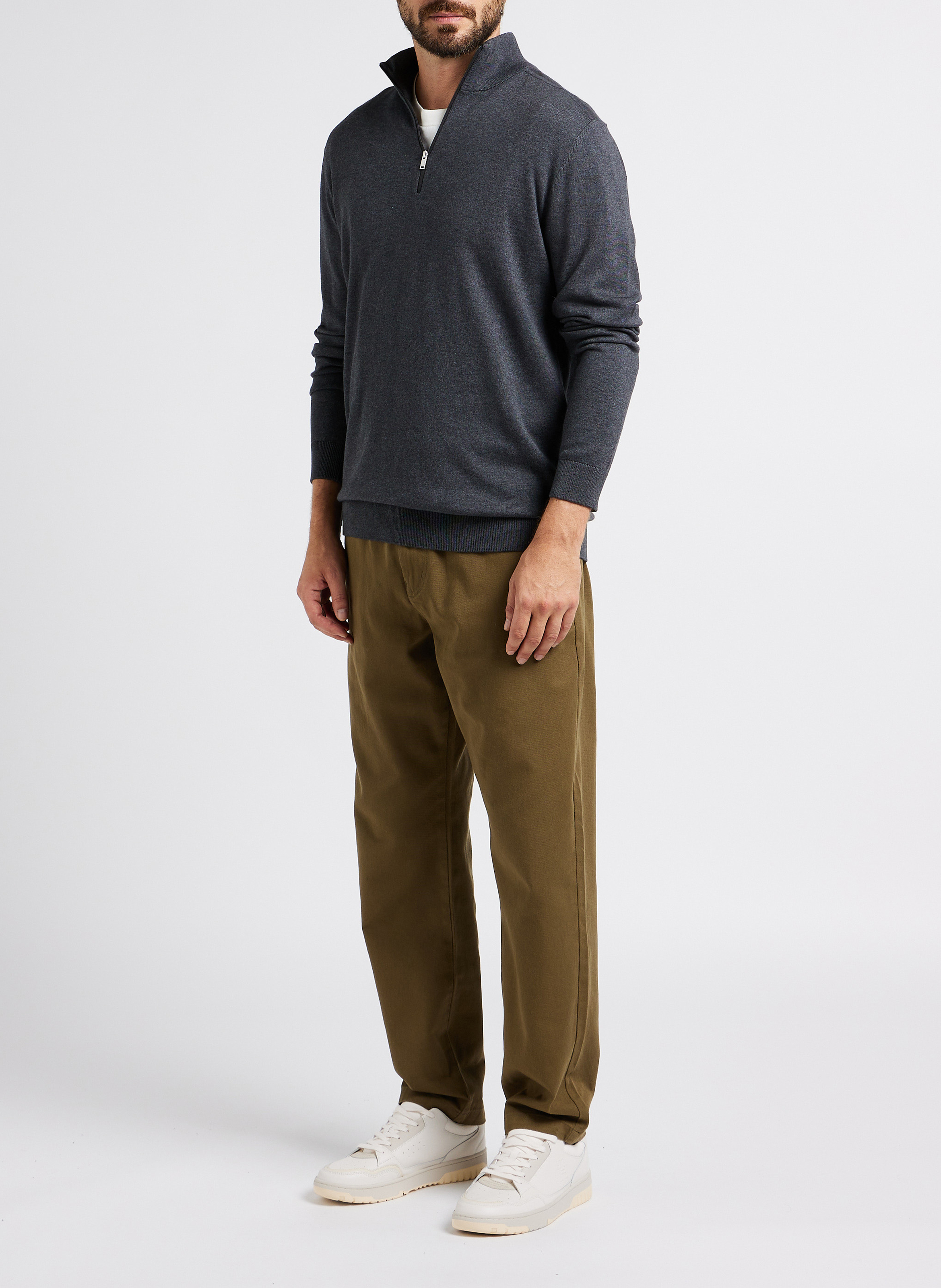 Regular-fit cotton sweater with zip-up high neck SELECTED Grey