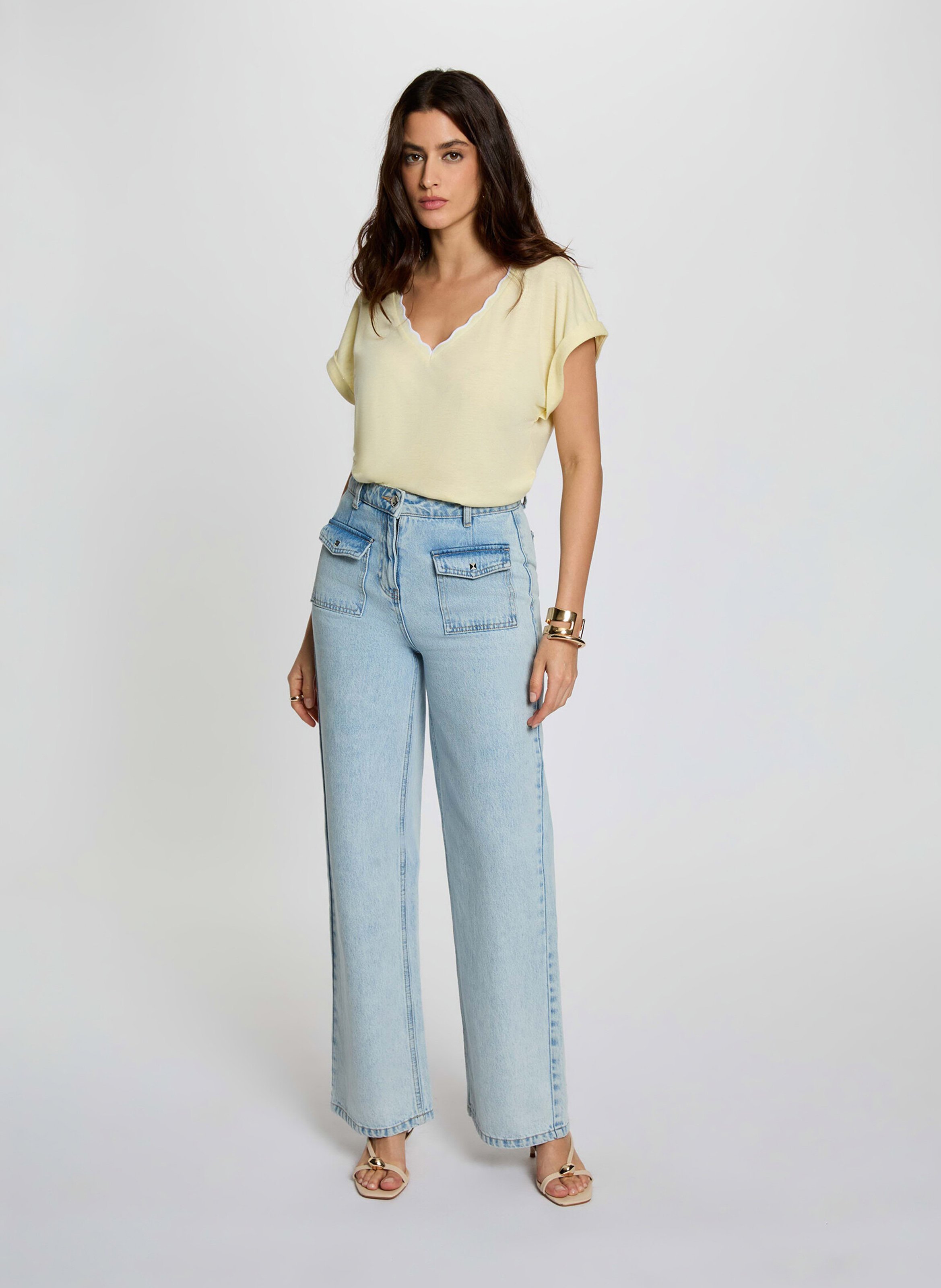 T-shirt met V-hals in effen recht model MORGAN Geel