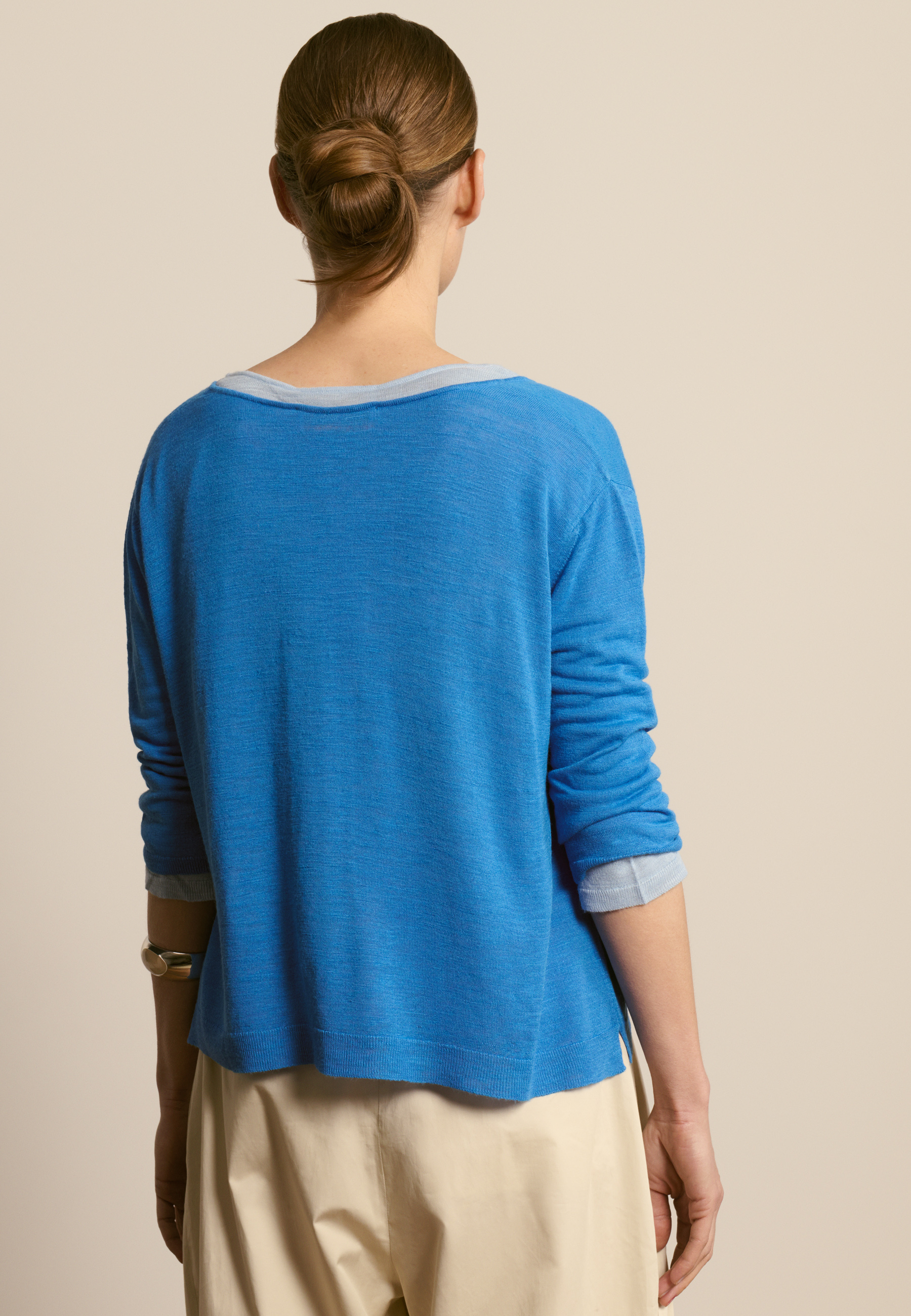 T-shirt col rond manches coudes en lin flammé MAISON MONTAGUT Bleu